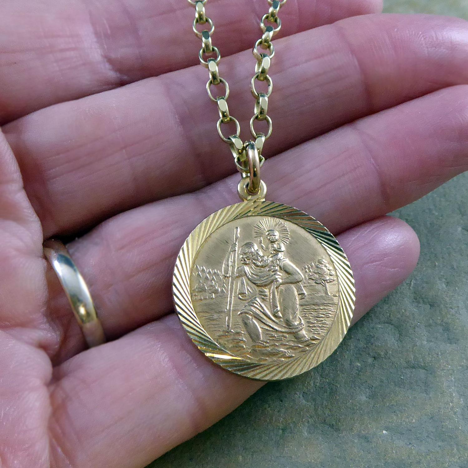 Women's or Men's Vintage St. Christopher Pendant and Chain, Hallmarked 9ct Yellow Gold, 1977