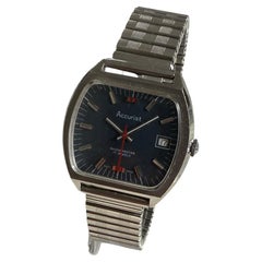 Accurist Shockmaster "TV case", 37 x 39mm stainless steel case, blue dial, c1971