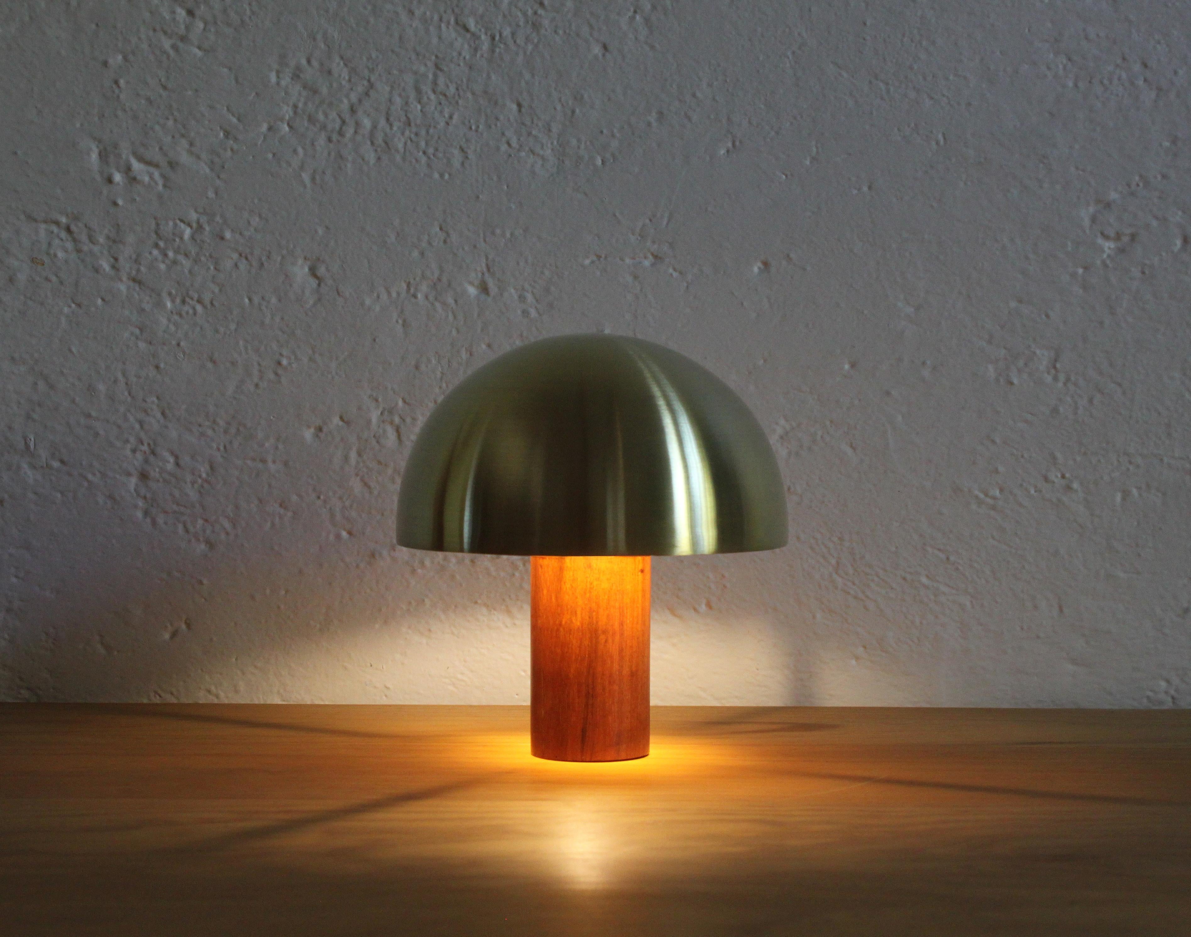 Acento lamp is made of solid steel and satin brass with Tzalam wood in a matte finish. Full dimensions: H 22cm x W 20cm Base: ø 20 x H 10 cm Dome: ø 20 x H 10 cm.

Item available for immediate delivery.

See our shipping policies. For quotes, please