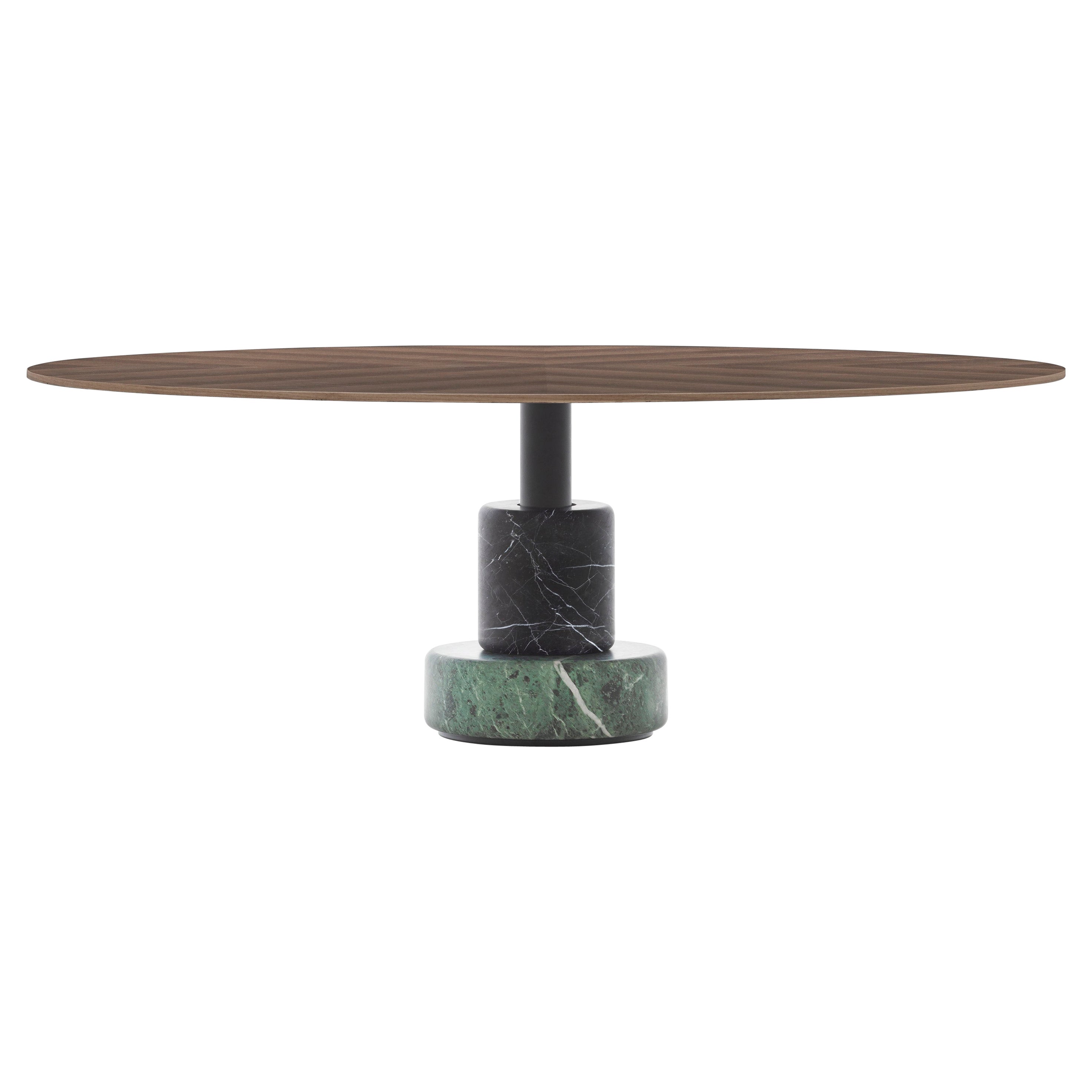 Mesa de centro Menhir grande Acerbis con base de mármol verde/negro y tablero de nogal oscuro