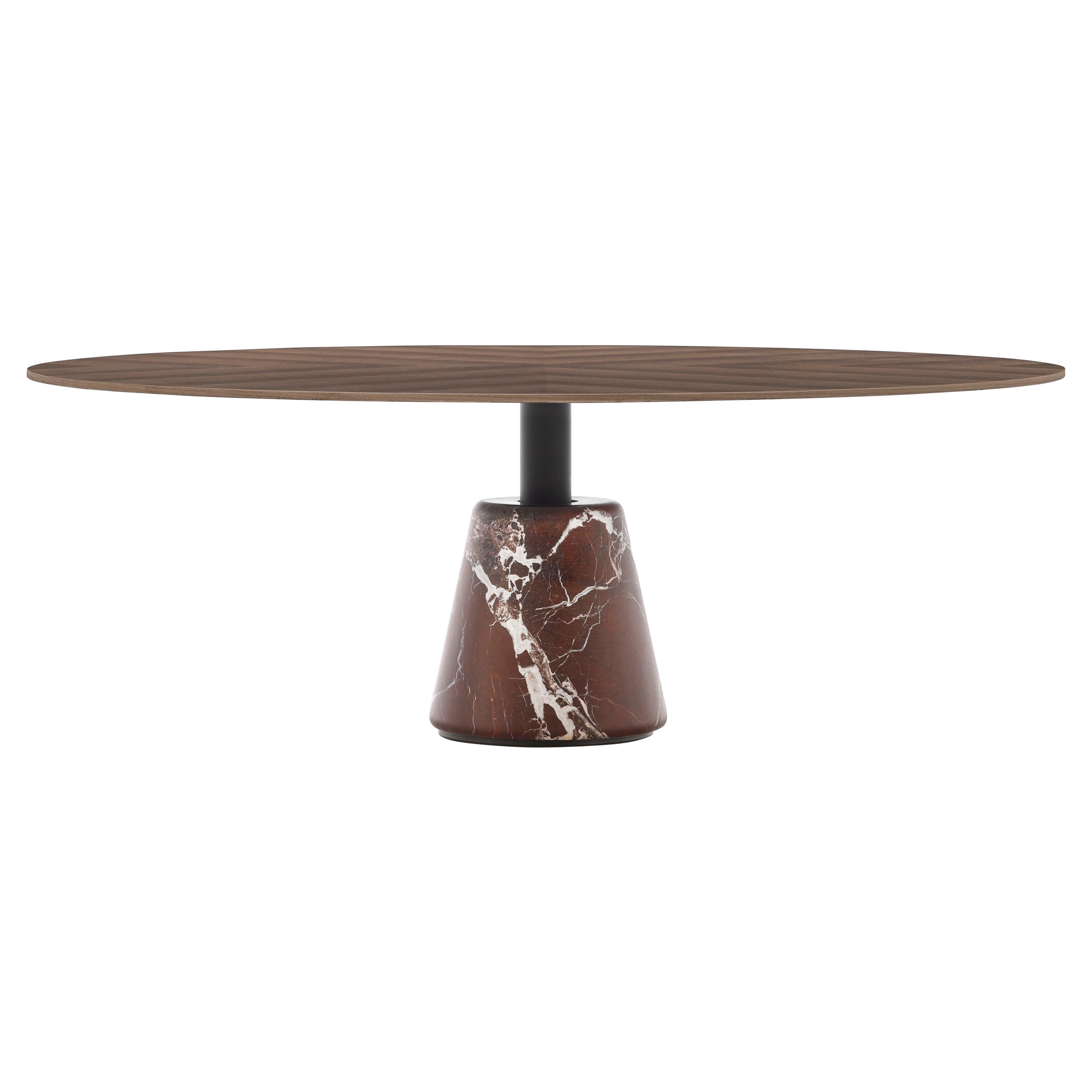 Mesa de centro Menhir grande Acerbis con base de mármol rojo y tablero de nogal teñido oscuro