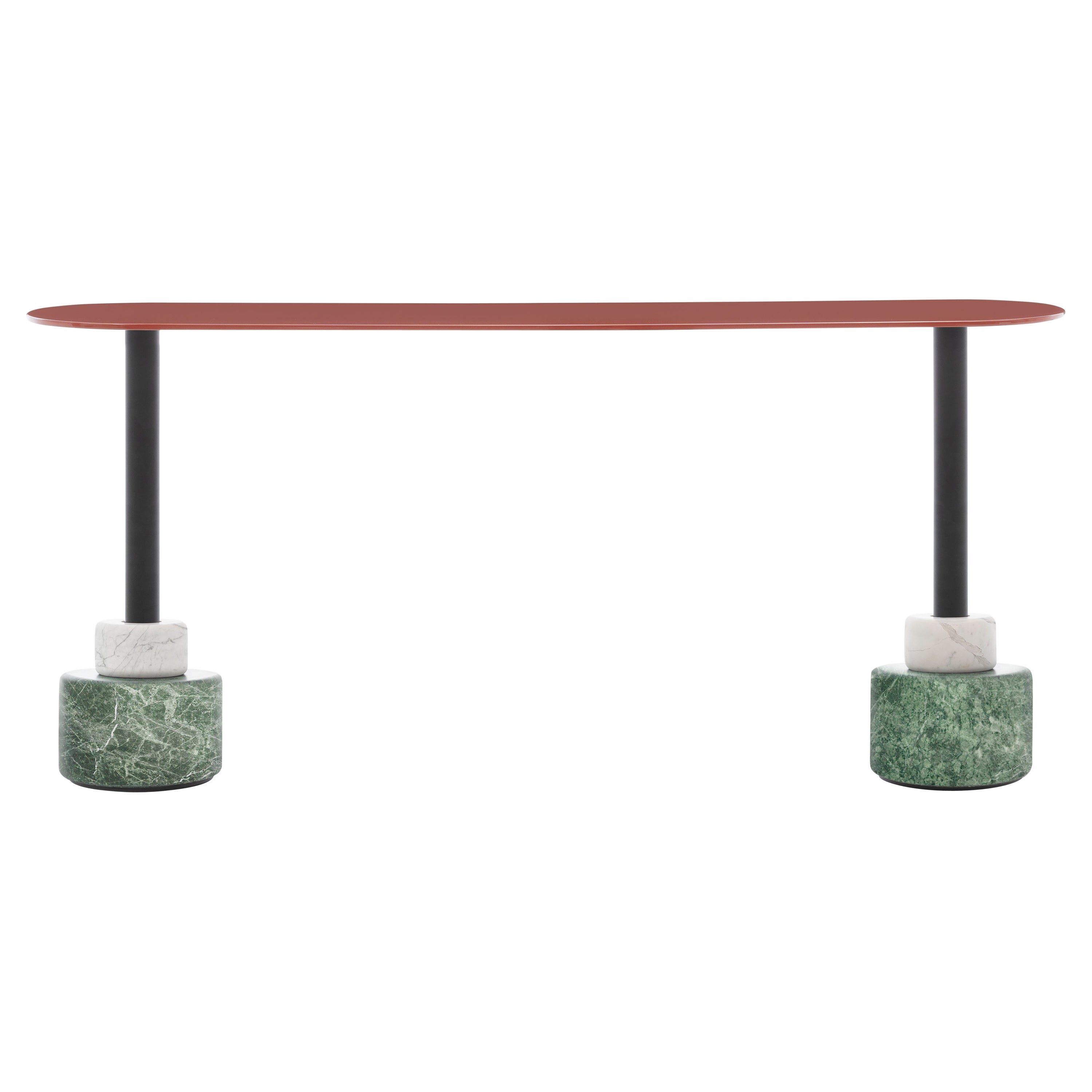 Mesa de centro rectangular Acerbis Menhir con base de mármol verde/blanco y tablero rojo ladrillo