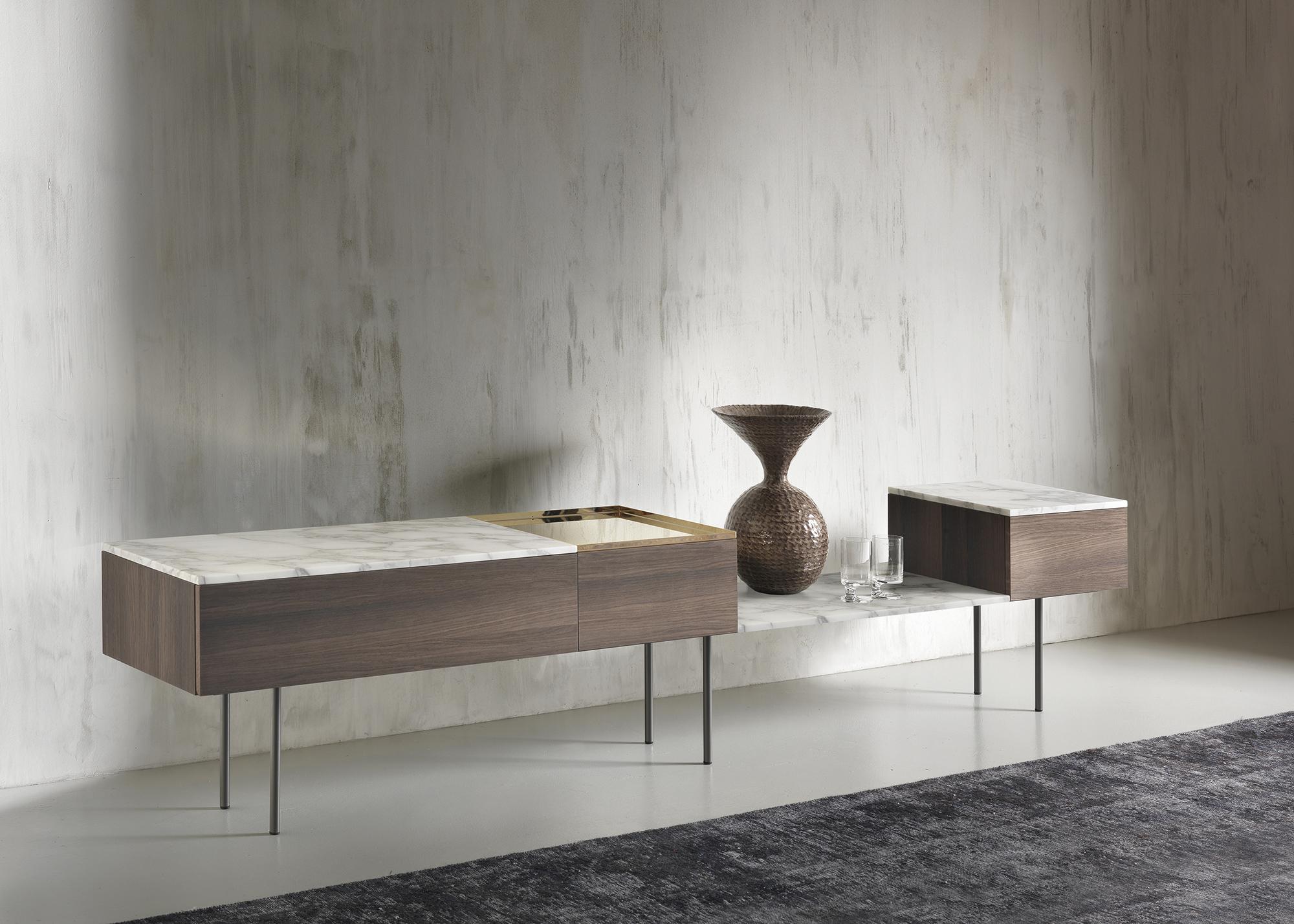 Contemporary Acerbis Moodboard Sideboard in Grey Marble with Dark Stained Walnut Top For Sale