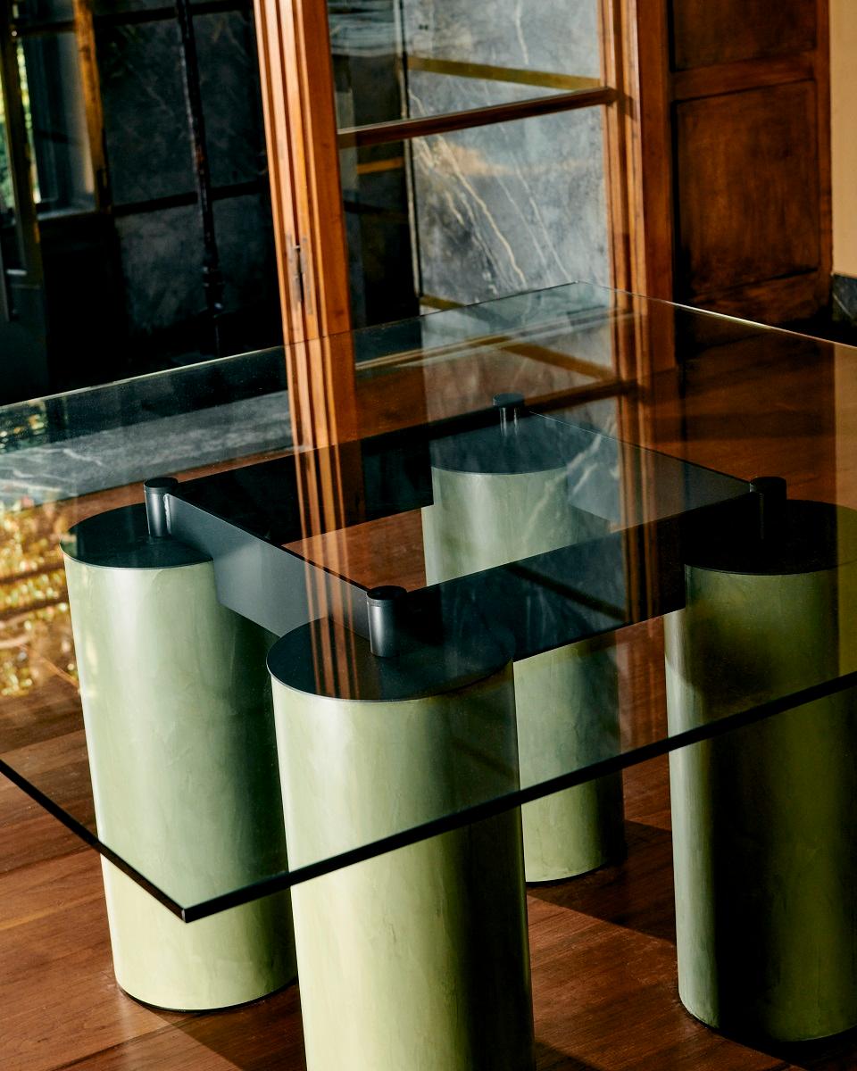 Contemporary Acerbis Serenissimo Medium Table in Black Cast Glass Top & Green Encaustic Base For Sale