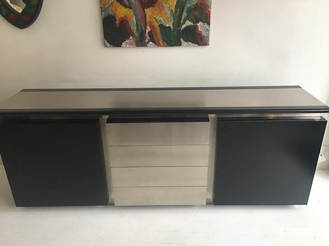 Acerbis Side Cabinet in Black Lacquer and Brushed Steel Italian, circa 1970s In Good Condition For Sale In Petworth, GB