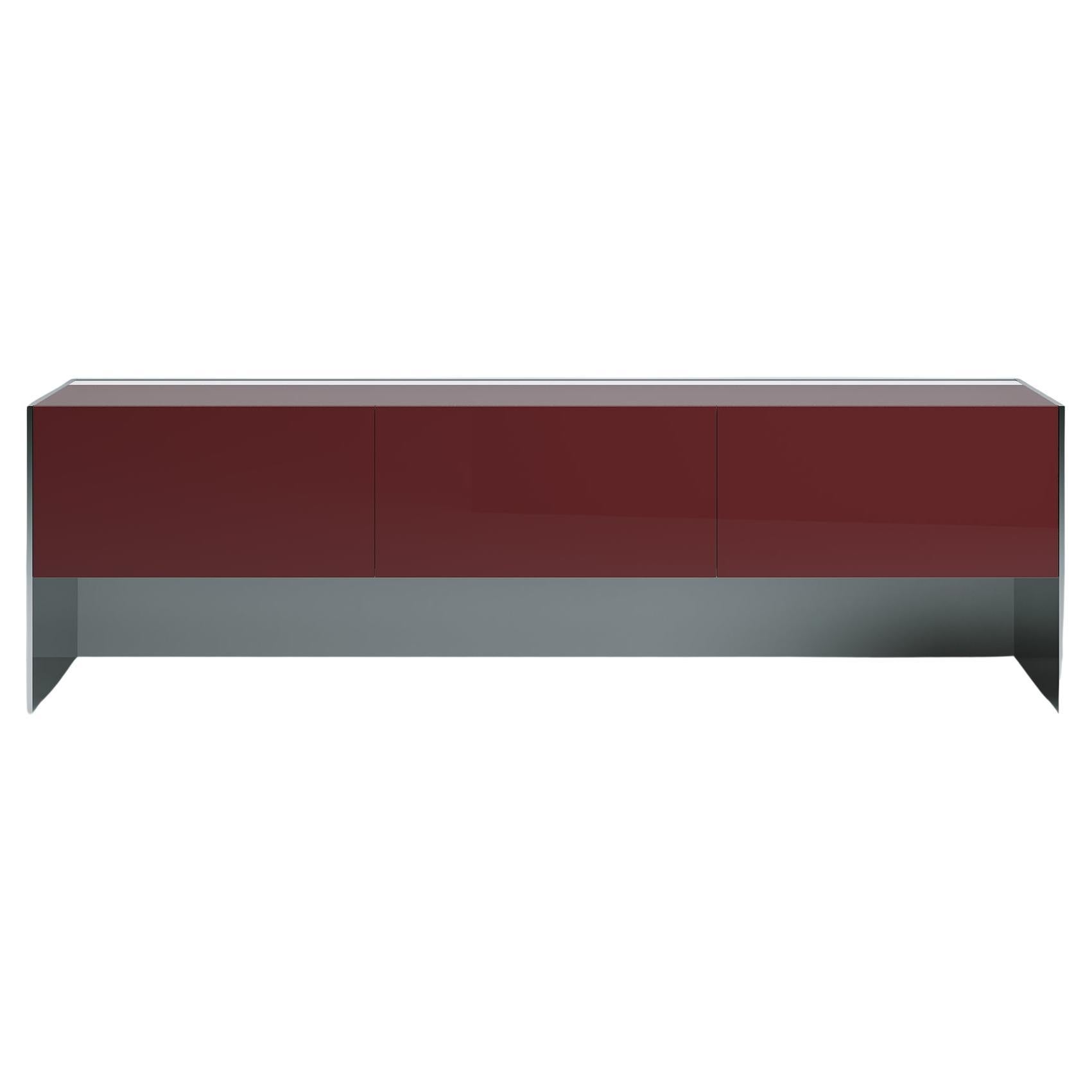 Acerbis Stahl-Sideboard mit burgunderfarbener, glänzend lackierter Platte und Türen mit Stahlseiten im Angebot