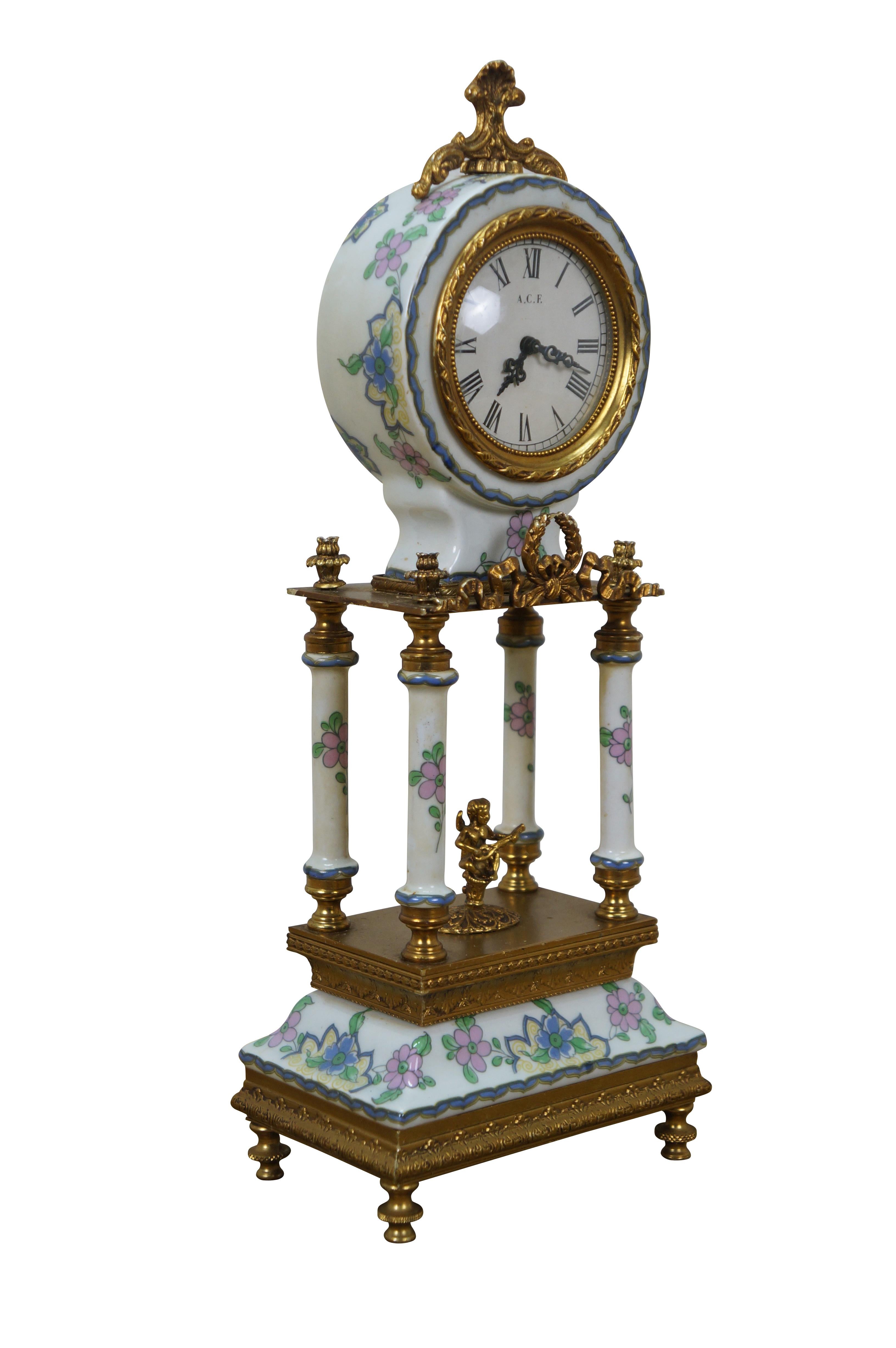 Louis XV Acf Bangkok Brass Porcelain Neoclassical Cherub Column Mantel Clock 13