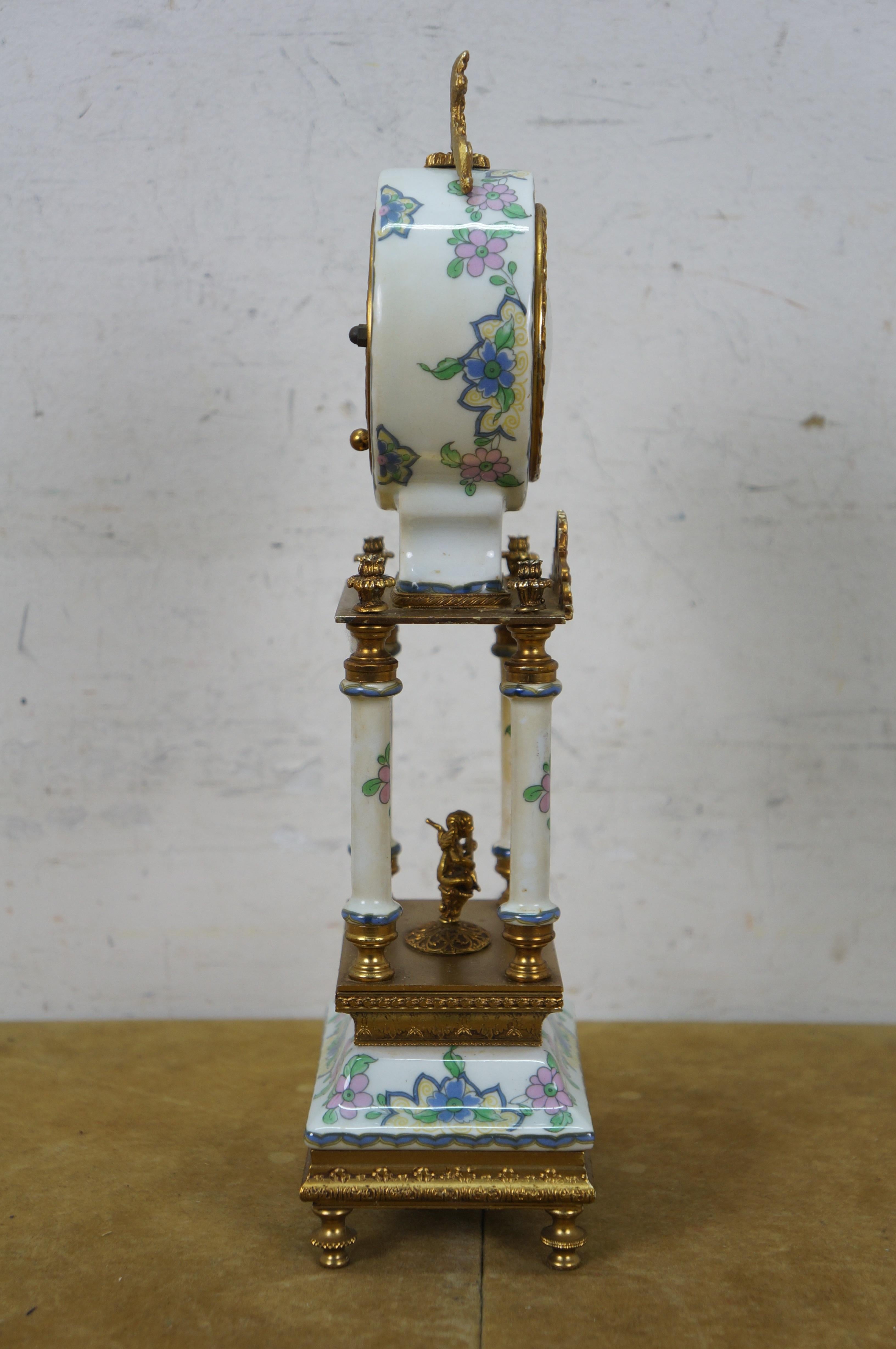 French Acf Bangkok Brass Porcelain Neoclassical Cherub Column Mantel Clock 13
