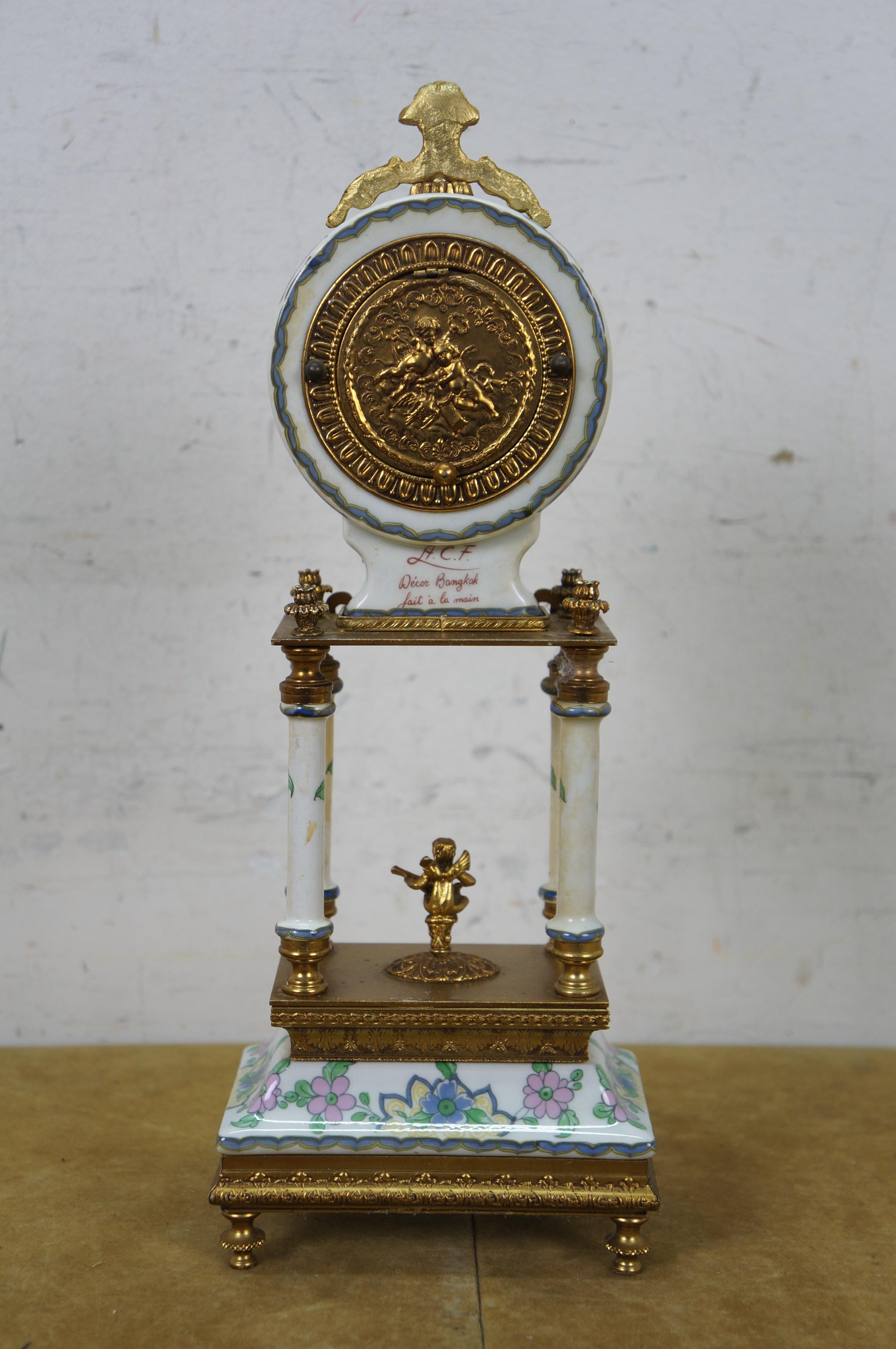 Gilt Acf Bangkok Brass Porcelain Neoclassical Cherub Column Mantel Clock 13