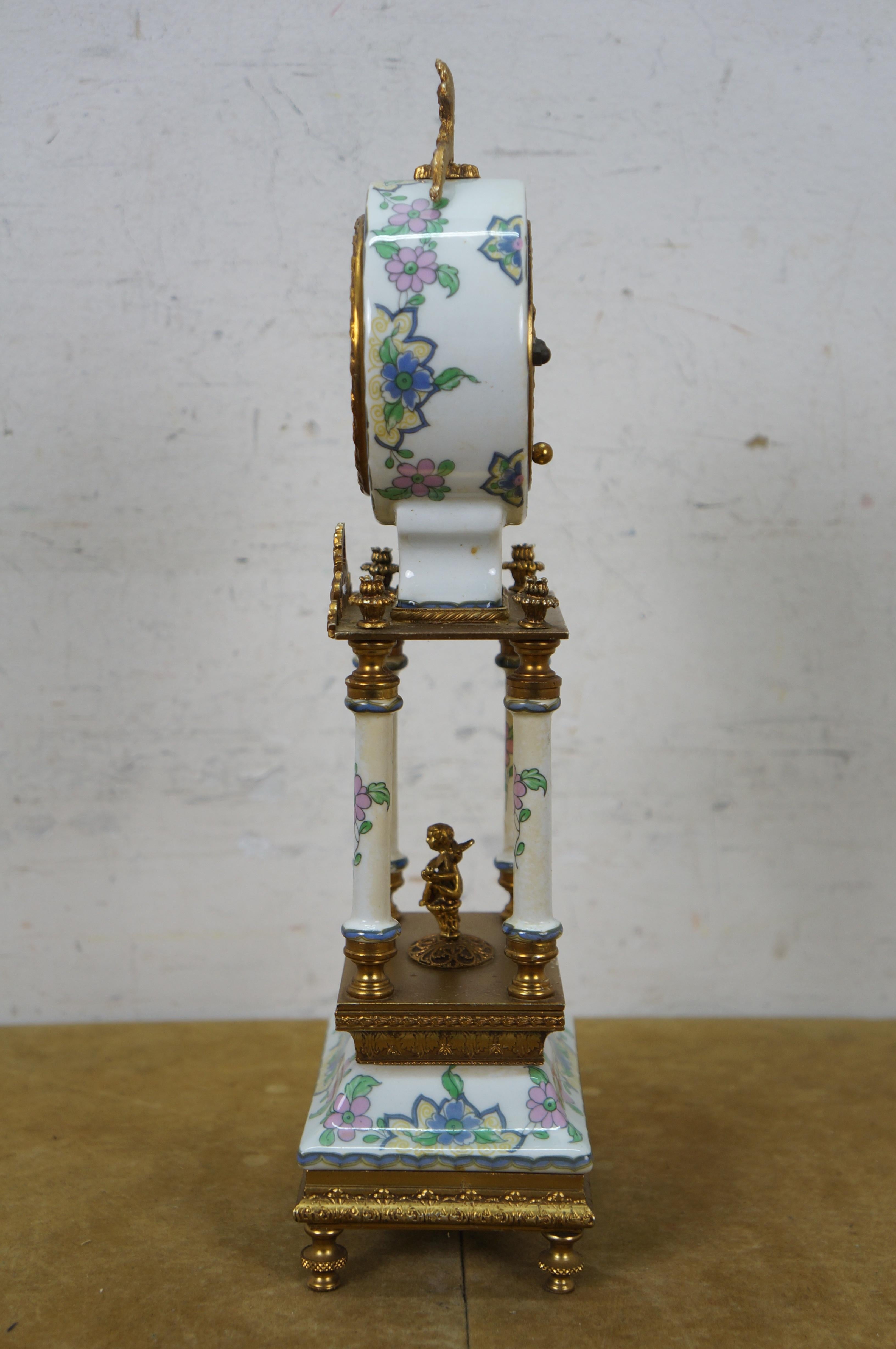 Acf Bangkok Brass Porcelain Neoclassical Cherub Column Mantel Clock 13
