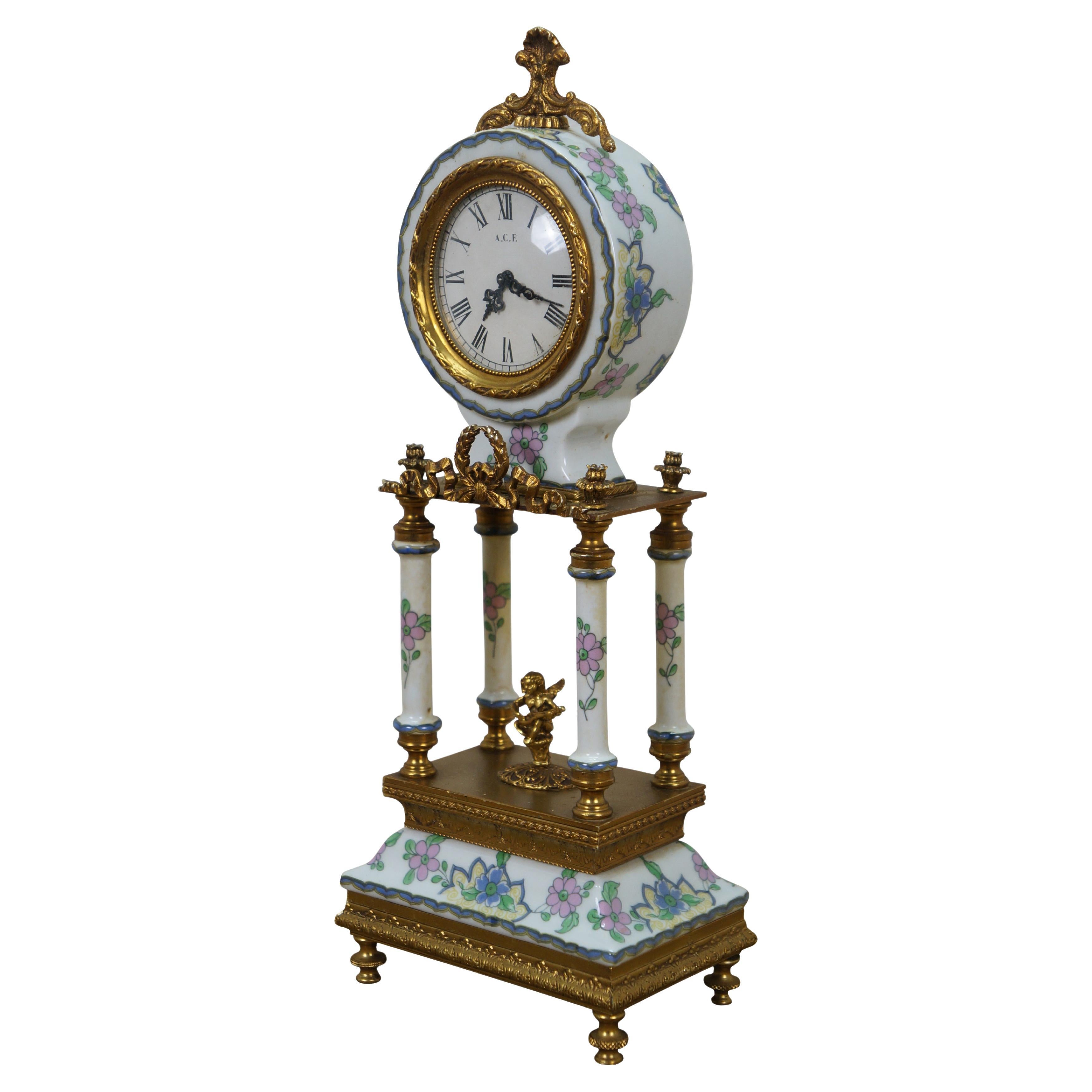 Acf Bangkok Brass Porcelain Neoclassical Cherub Column Mantel Clock 13" For Sale
