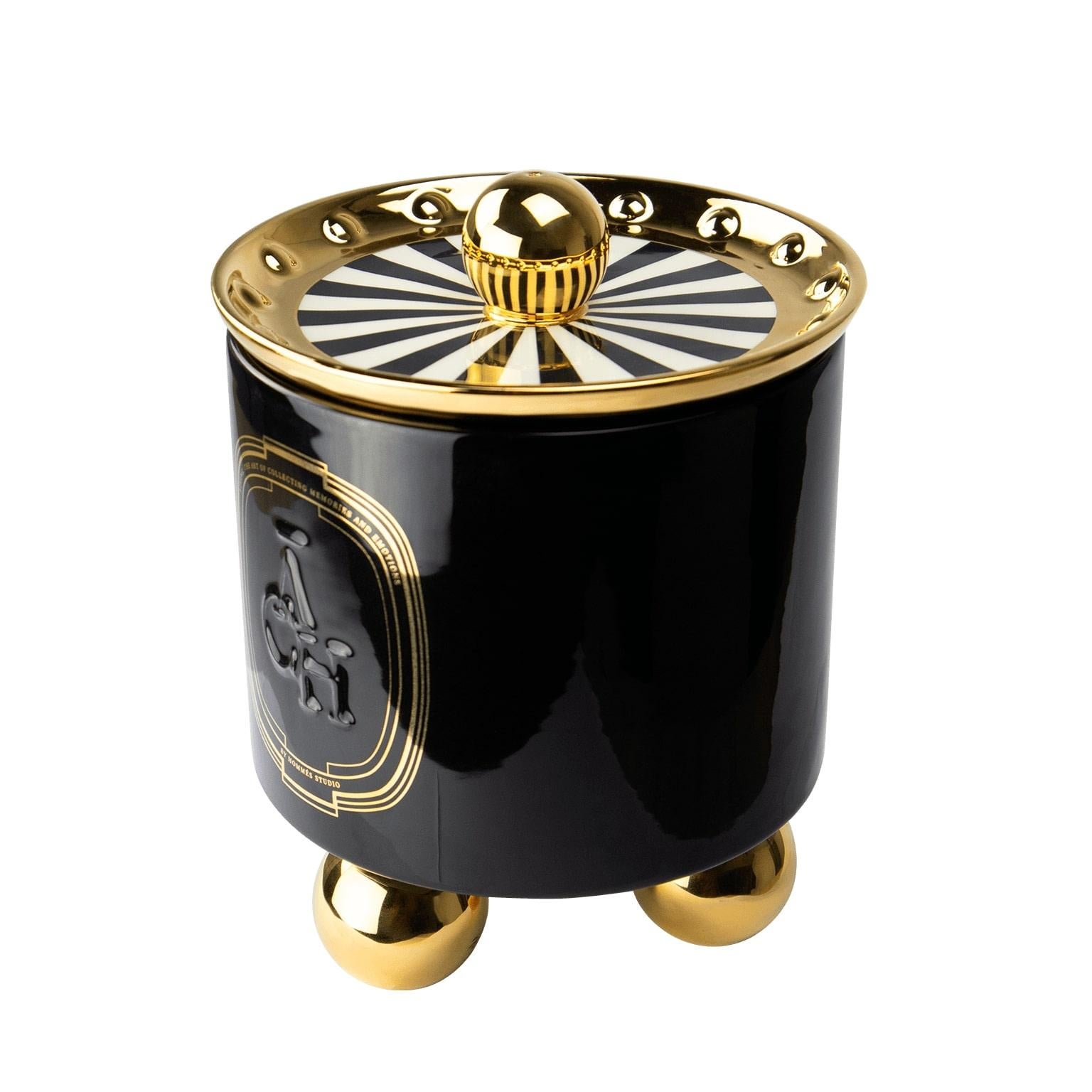 Portuguese Achi Black and Gold Decor Candle, Luxury Ceramic Container Box with Lid
