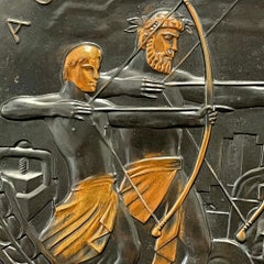 "Achievement, " Rare Bronze Art Deco Rondel with Archers, Industrial Setting