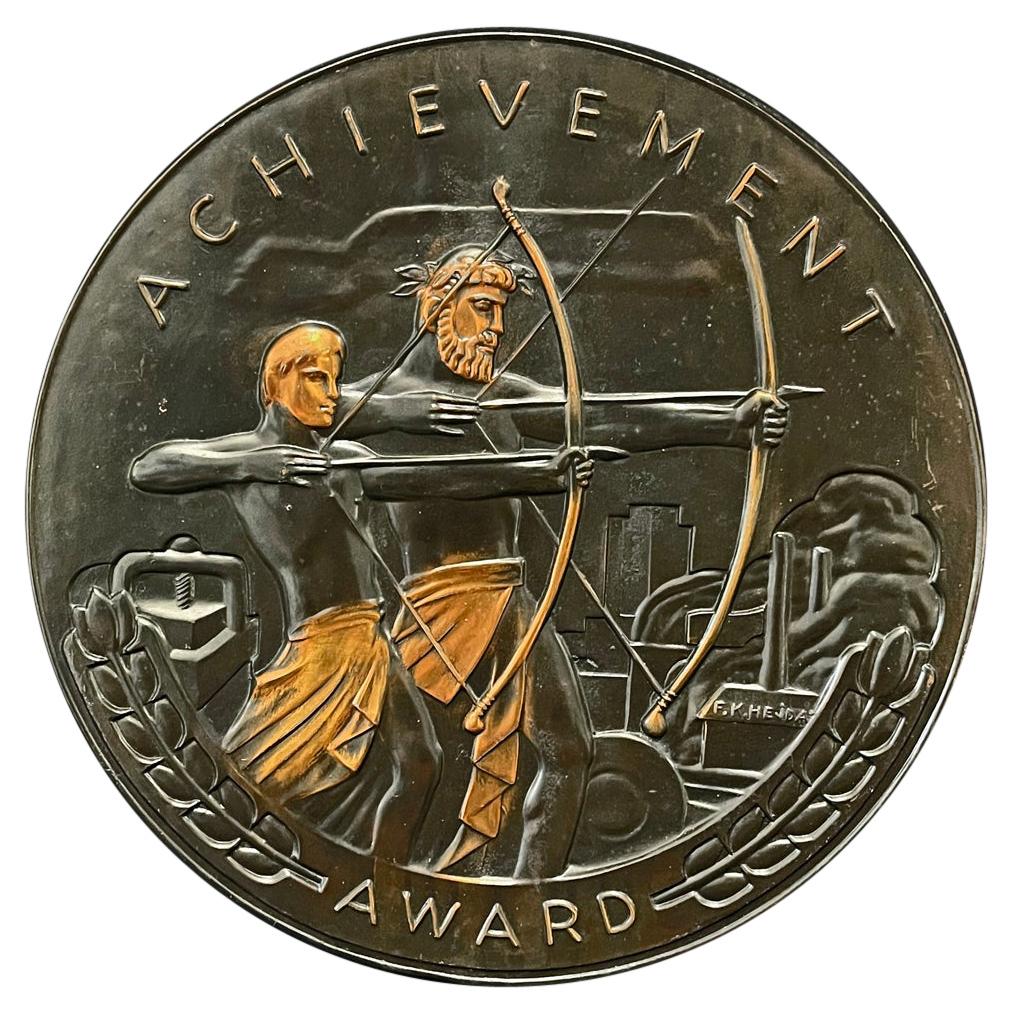 "Achievement, " Rare Bronze Art Deco Rondel with Archers, Industrial Setting For Sale