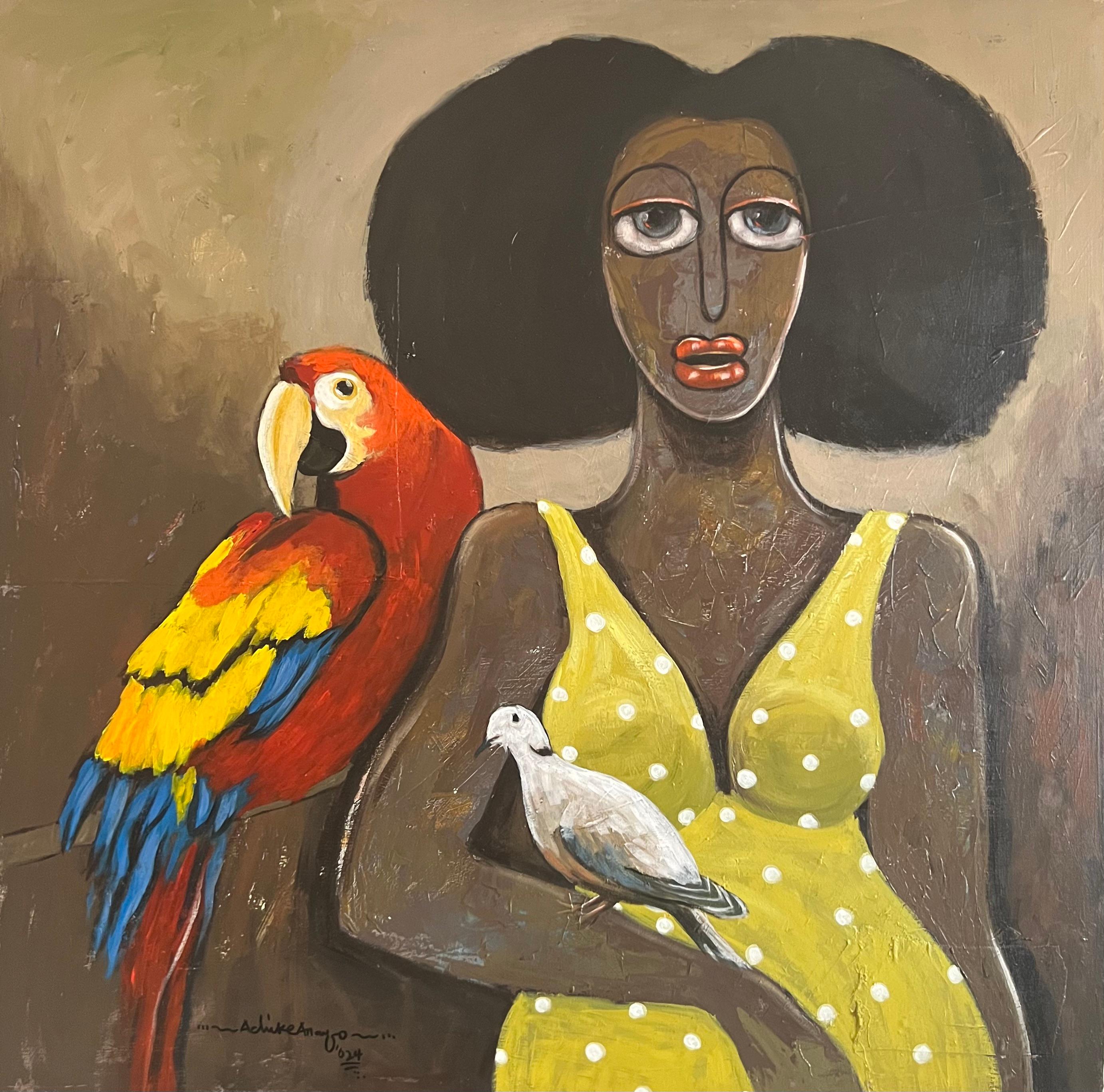 Interior Painting di Achike Miracle Anayo - Compagnia -21° Secolo, Contemporaneo, Figurativo, Donne, Uccelli, Interno
