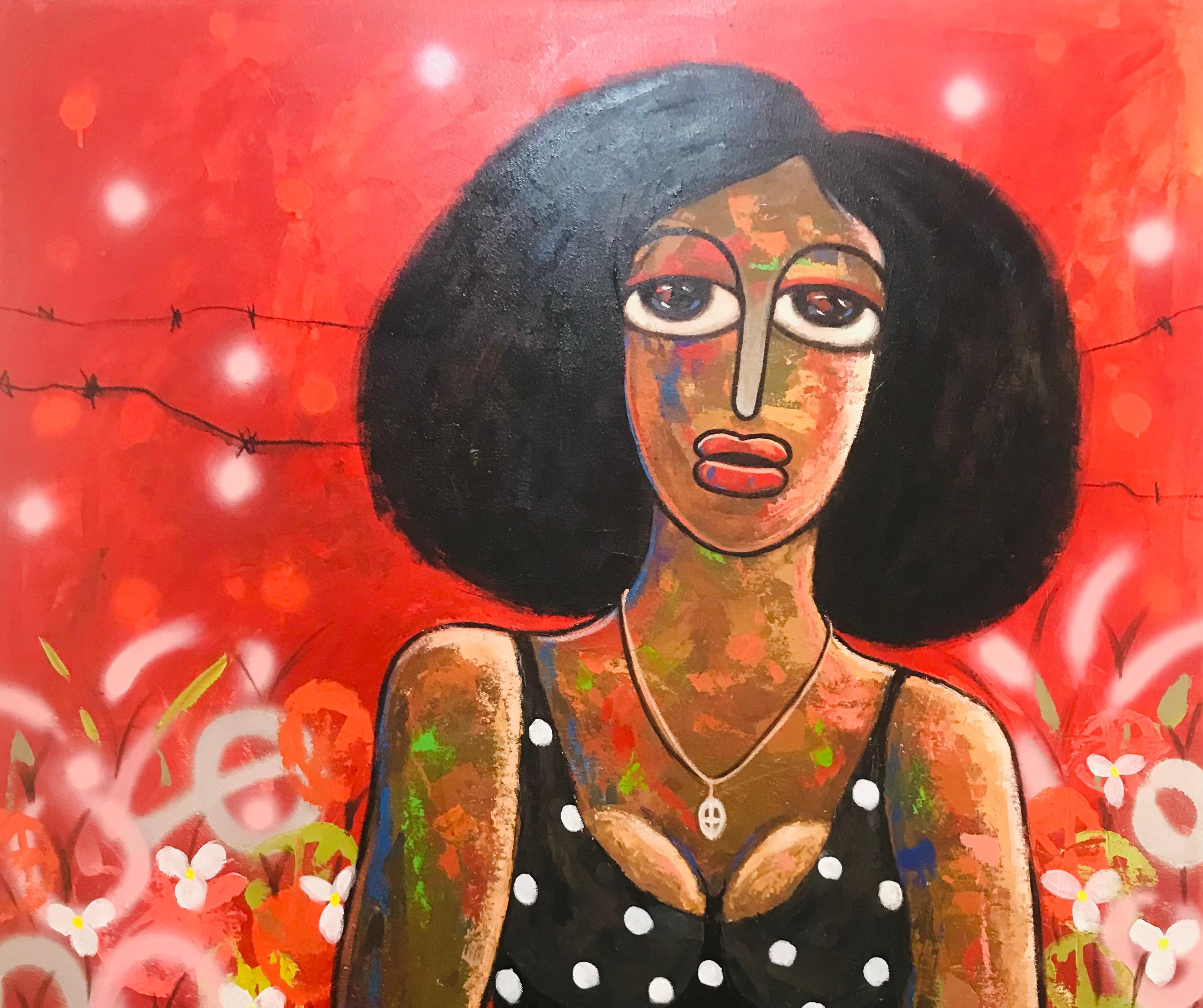 Red Paragraphs -21. Jahrhundert, Contemporary, Figurativ. Neo-Expressionismus, Frauen – Painting von Achike Miracle Anayo