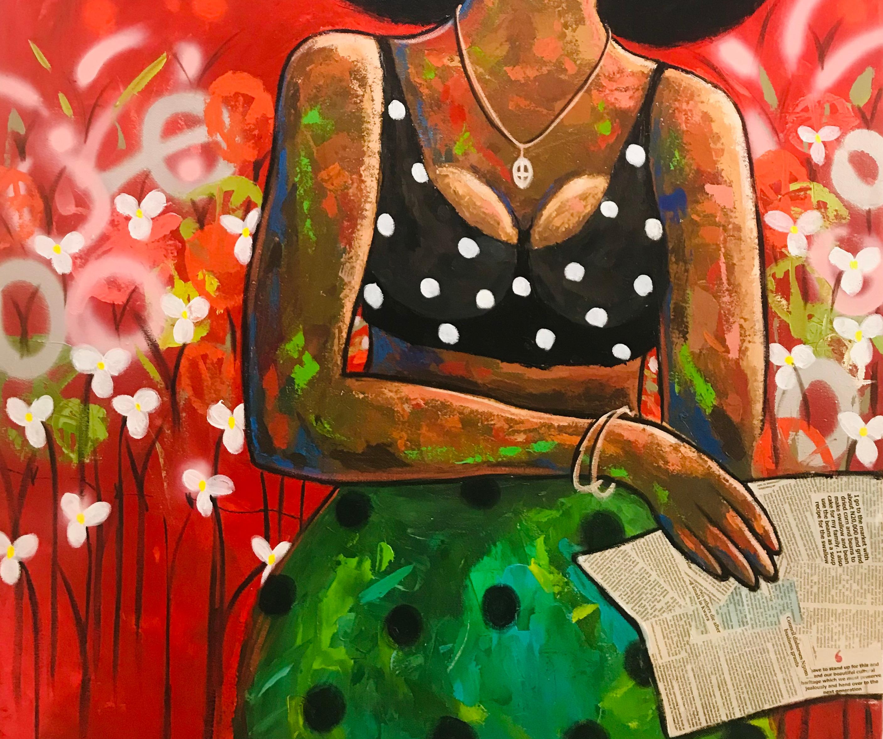 Red Paragraphs -21. Jahrhundert, Contemporary, Figurativ. Neo-Expressionismus, Frauen (Orange), Figurative Painting, von Achike Miracle Anayo