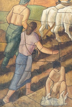 WORK IN THE FIELDS - Mixed technique on cardboard by Achille Beltrame