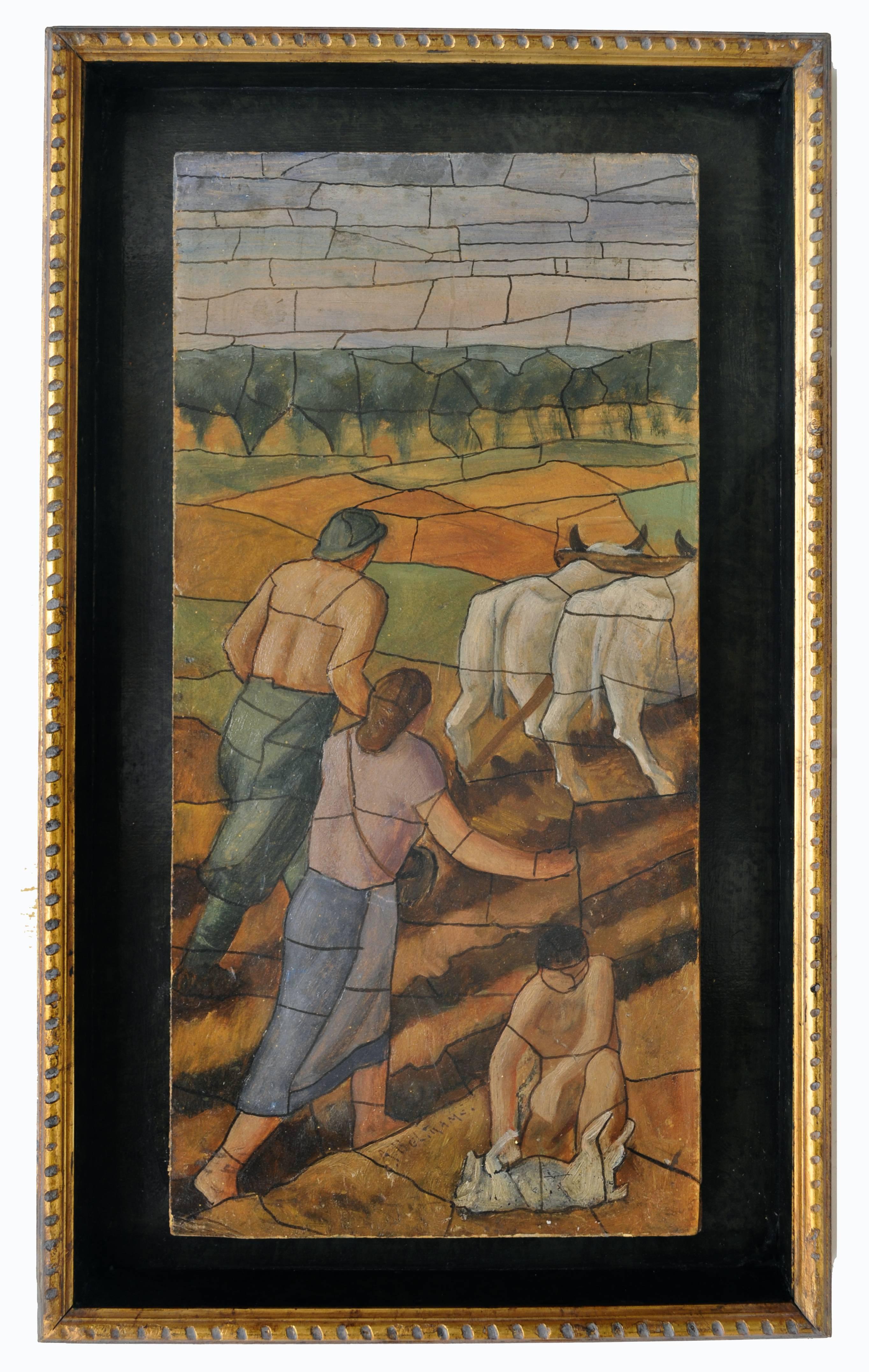 Work in the fields - Achille Beltrame italia - Mixed technique on cardboard cm. 45 x 22 . Mesaure with wooden frame are cm. 54 x 32