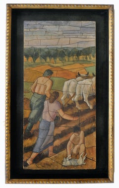 WORK IN THE FIELDS - Mixed technique on cardboard by Achille Beltrame