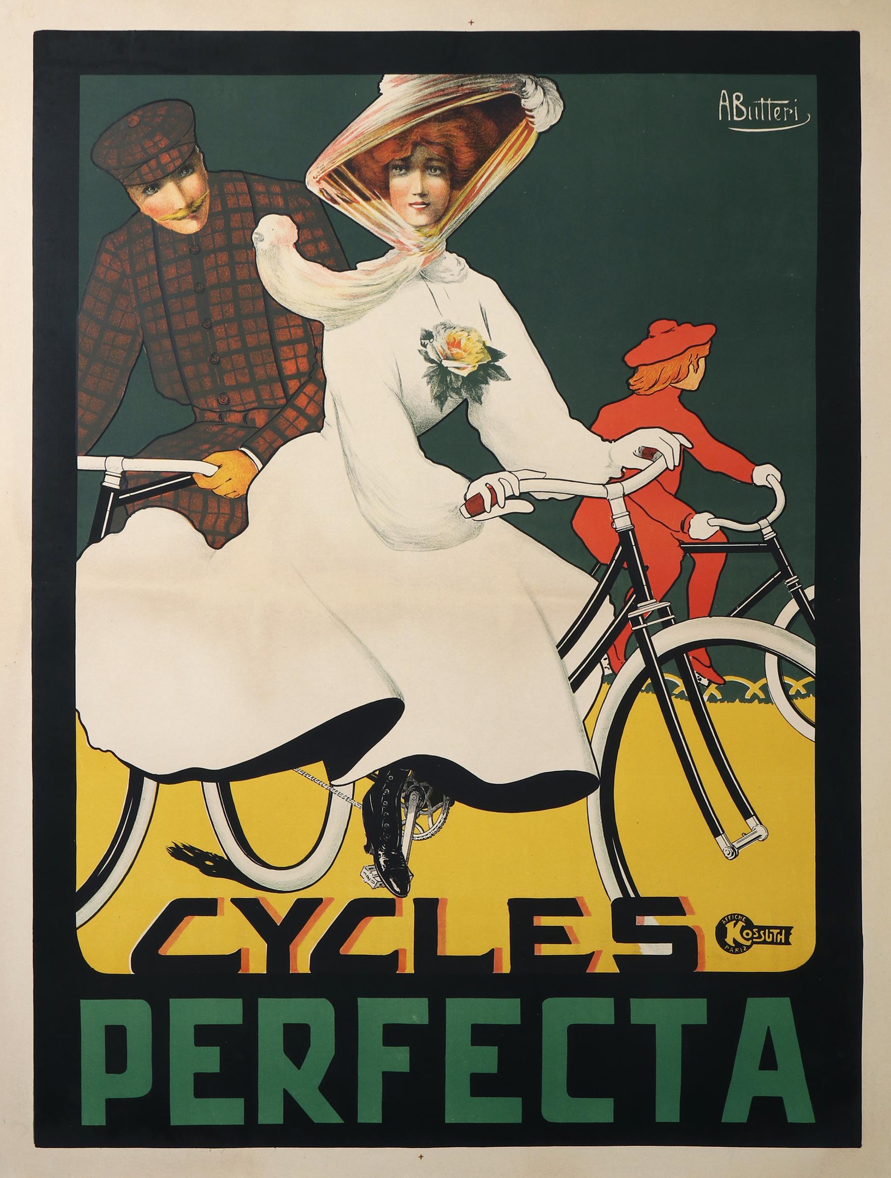 Clever design is on display in this Art Nouveau poster for Cycles Perfecta by Achille Butteri. Each member of this dapper cycling family looks in a different direction, and as viewers we're forced to focus first on the bicycle at the center. It is
