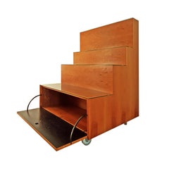 Achille Castiglioni Bookcase on Castors in Walnut and Pearwood with Black Desk