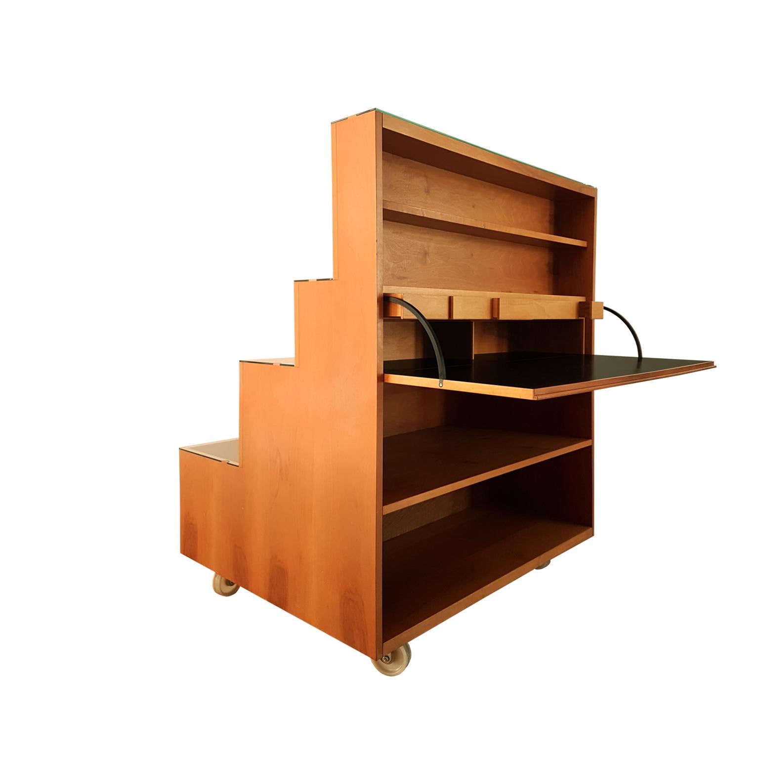 Achille Castiglioni Bookcase on Castors in Walnut and Pearwood with Black Desk For Sale 2