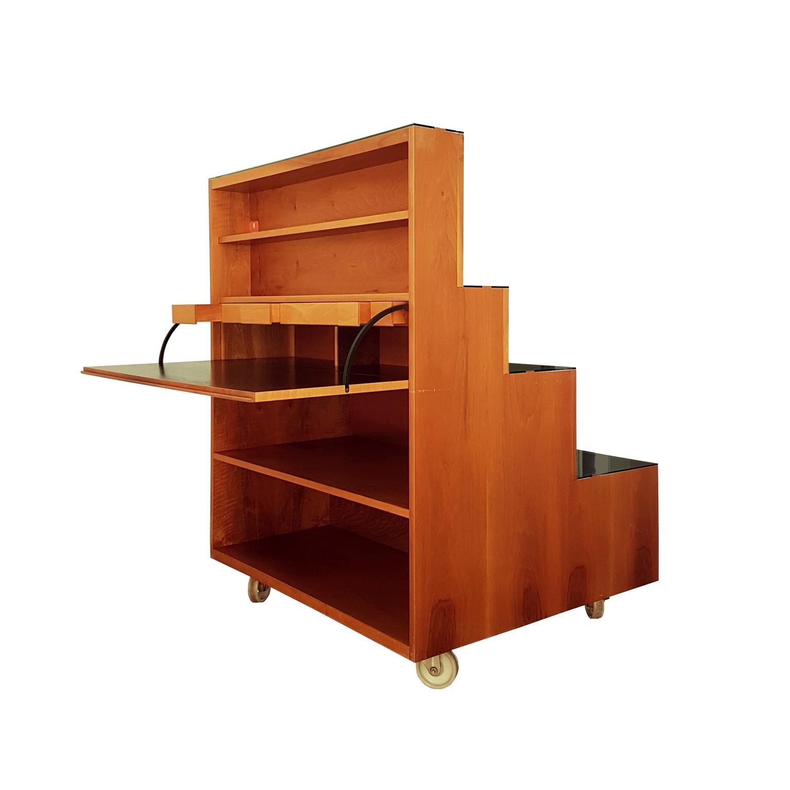 Achille Castiglioni Bookcase on Castors in Walnut and Pearwood with Black Desk For Sale