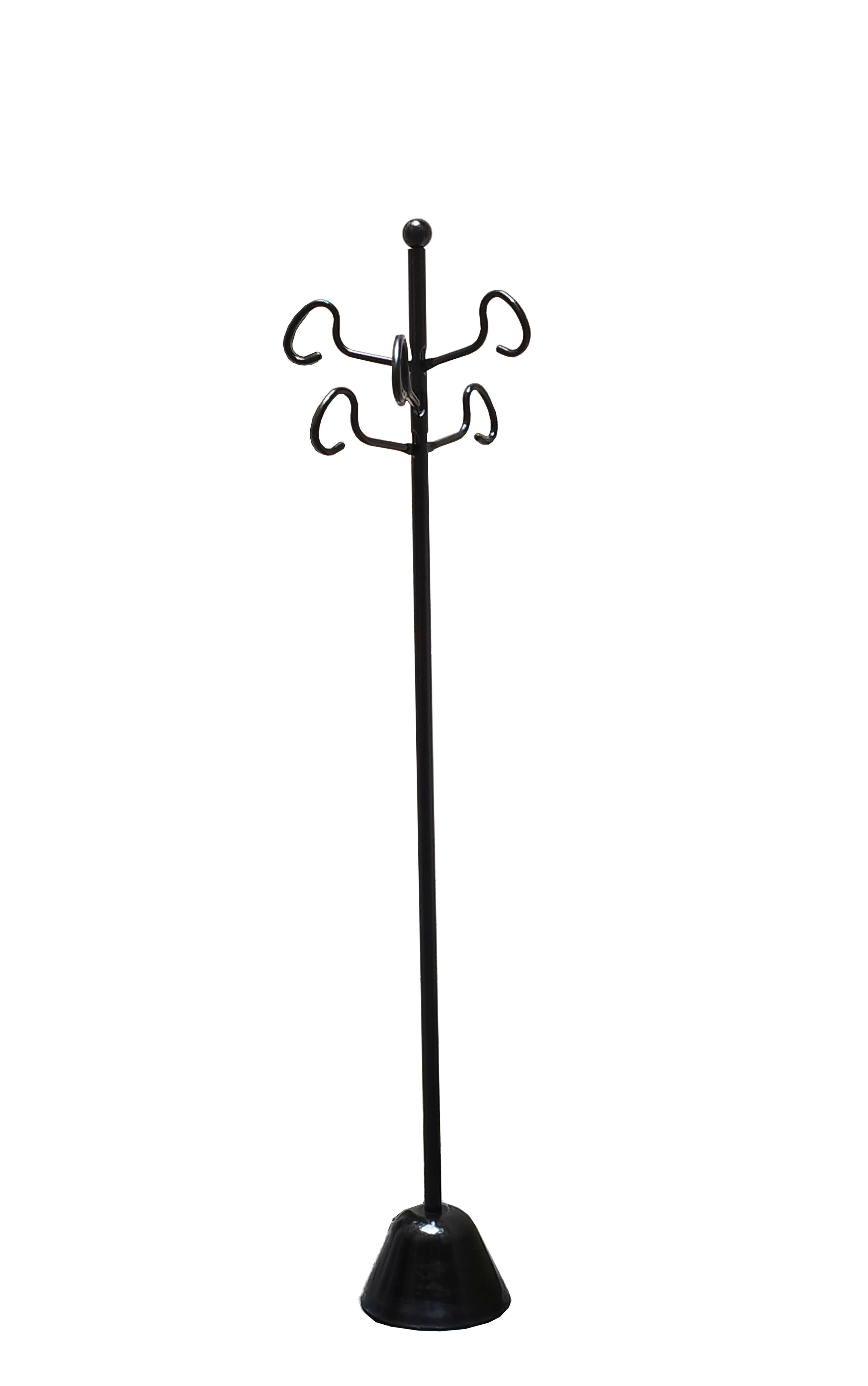 Coat stand from the Servi series by Achille & Pier Giacomo Castiglioni, 1985. Base in black painted polypropylene. Support rod and coat-hook arms in painted steel.