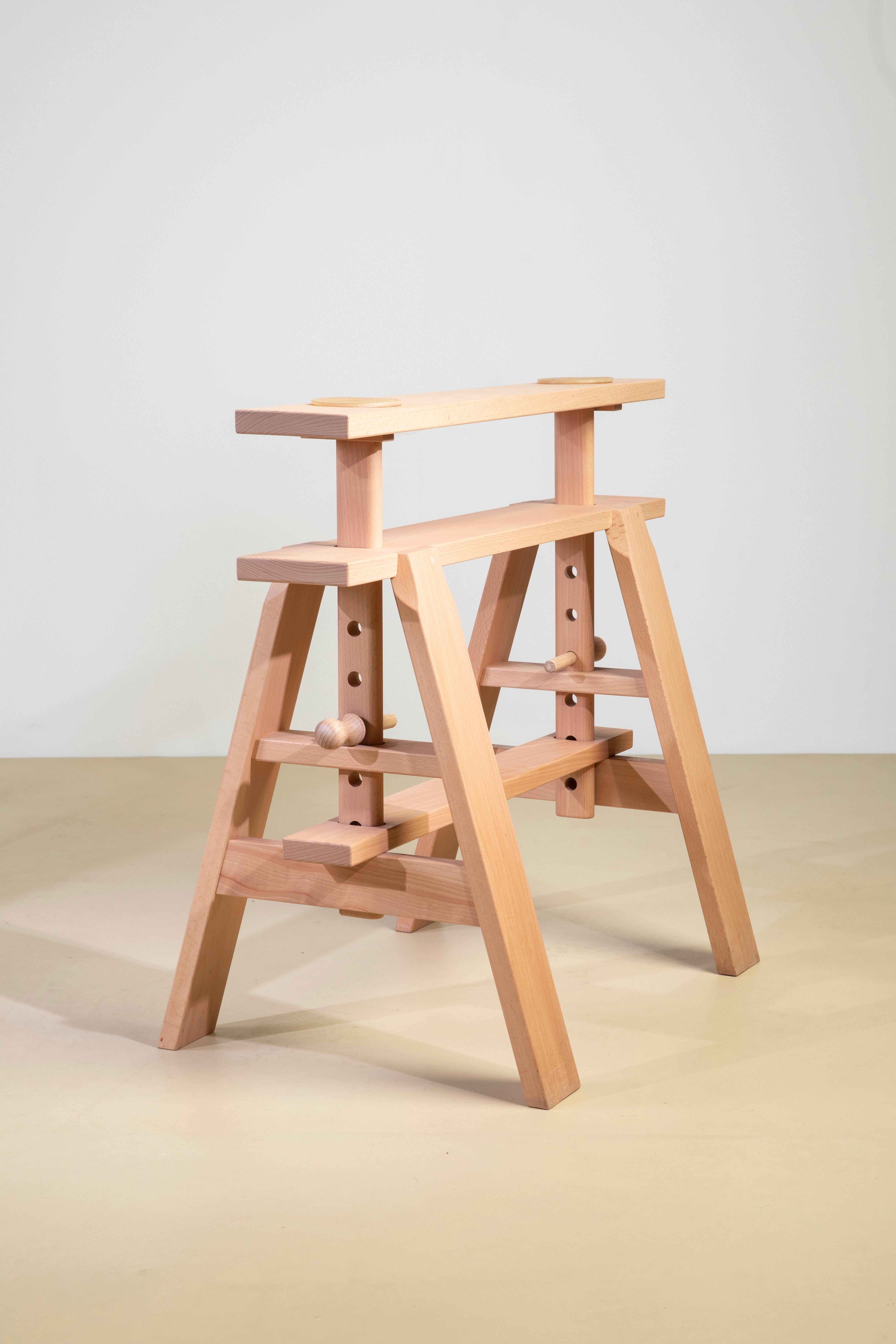'Leonardo' work table with laminate top and natural varnished beech frame designed by Achille Castiglioni for Zanotta in 1969.

The trestle is made of steam-treated beech painted natural, while The top is covered with white plastic laminate. The
