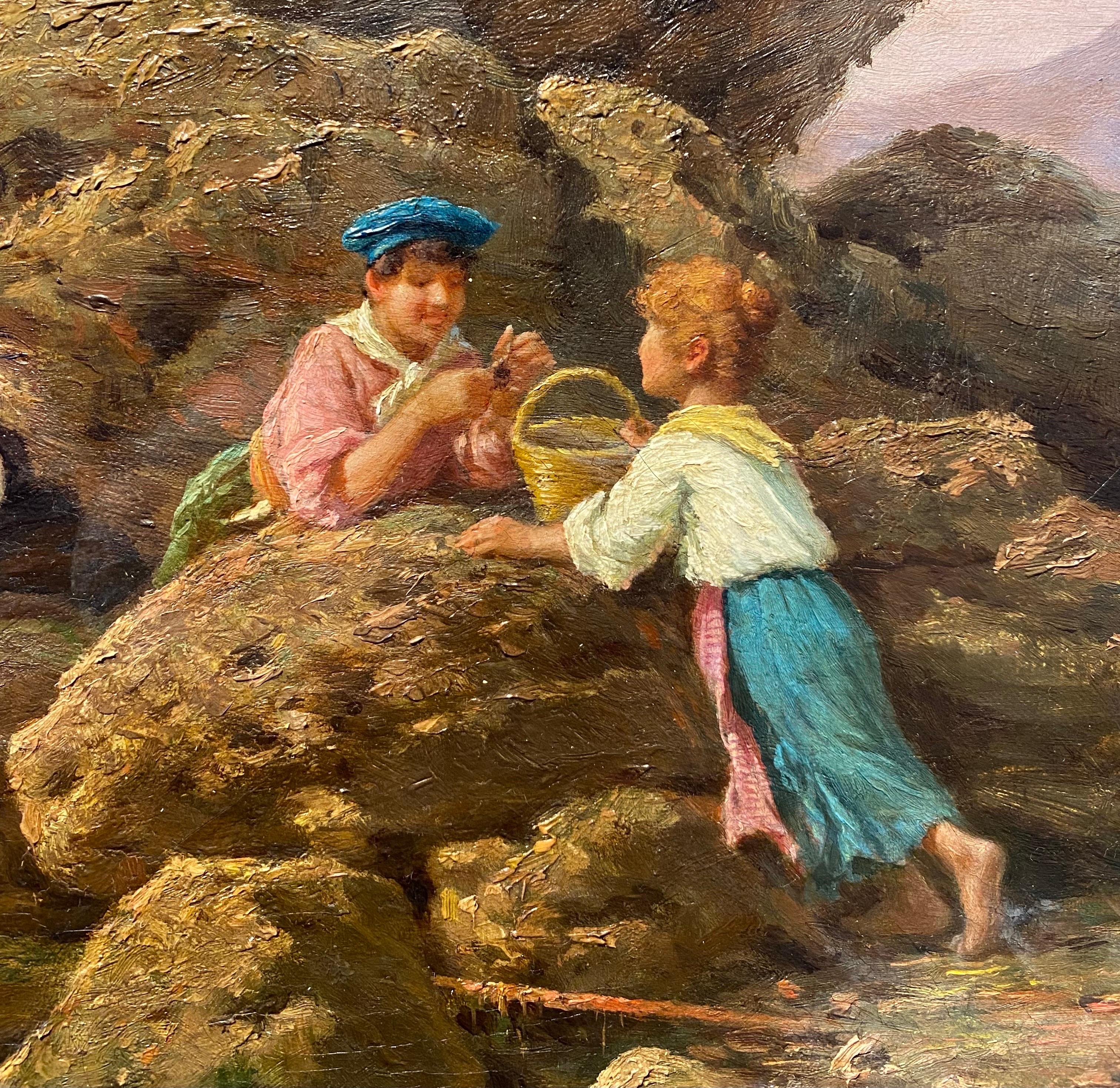19th century Italian painting, Sweet childhood moments - Children sea - Romantic Painting by Achille De Dominicis