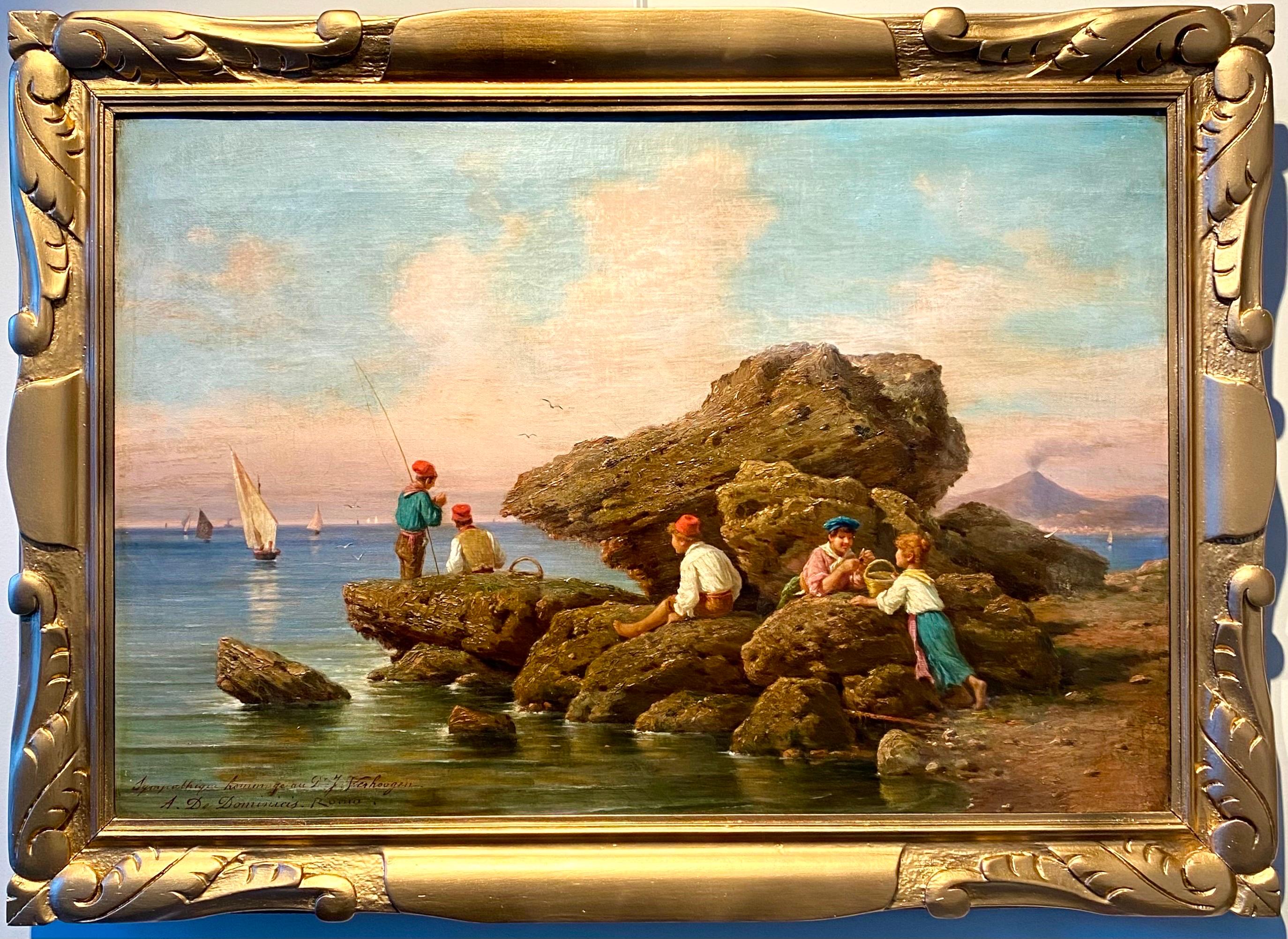 Achille De Dominicis Figurative Painting - 19th century Italian painting, Sweet childhood moments - Children sea