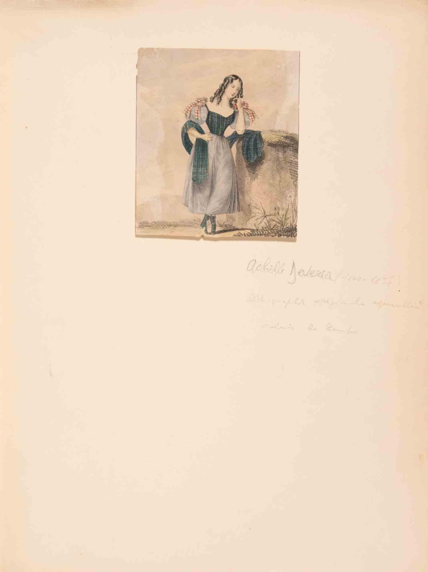 Young Woman in Traditional Dress - Lithograph by Achille Deveria - 19th century