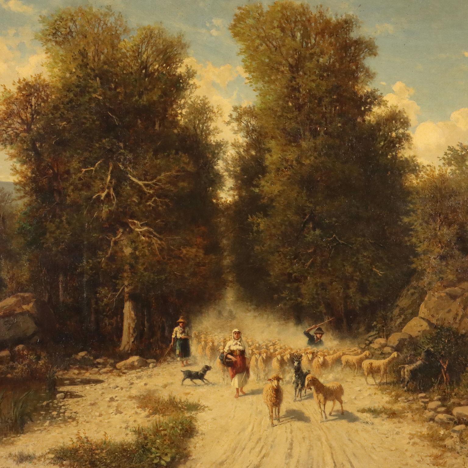 Paesaggio con Gregge e Pastori XIX secolo (Sonstige Kunststile), Painting, von Achille Dovera