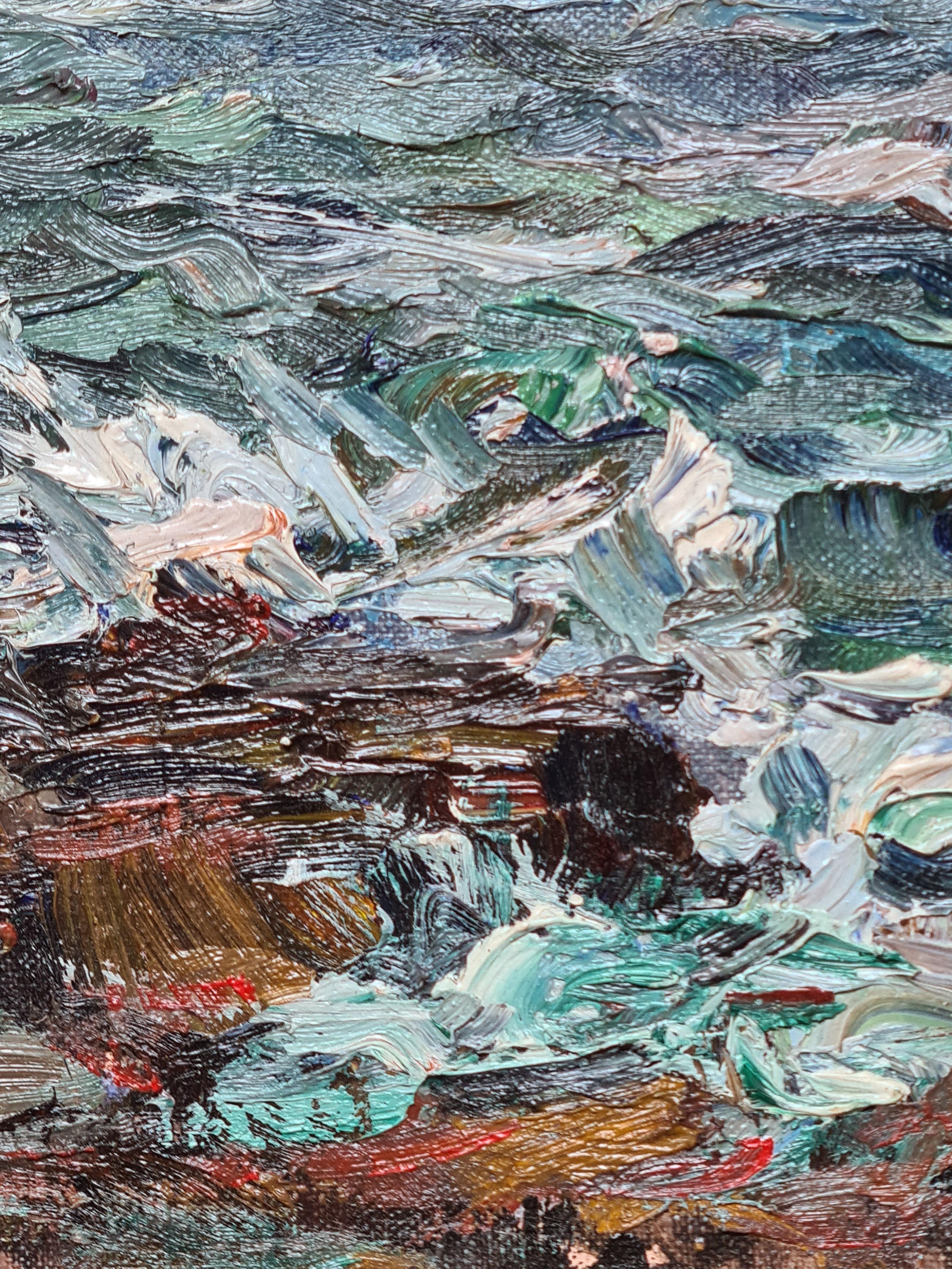 Mid Century Expressionist oil on canvas seascape of the Mediterranean coastline at Cassis in the South of France. The painting is signed bottom left but as yet undeciphered. Title to the rear stretcher. Presented in a fine gilt and patinated custom