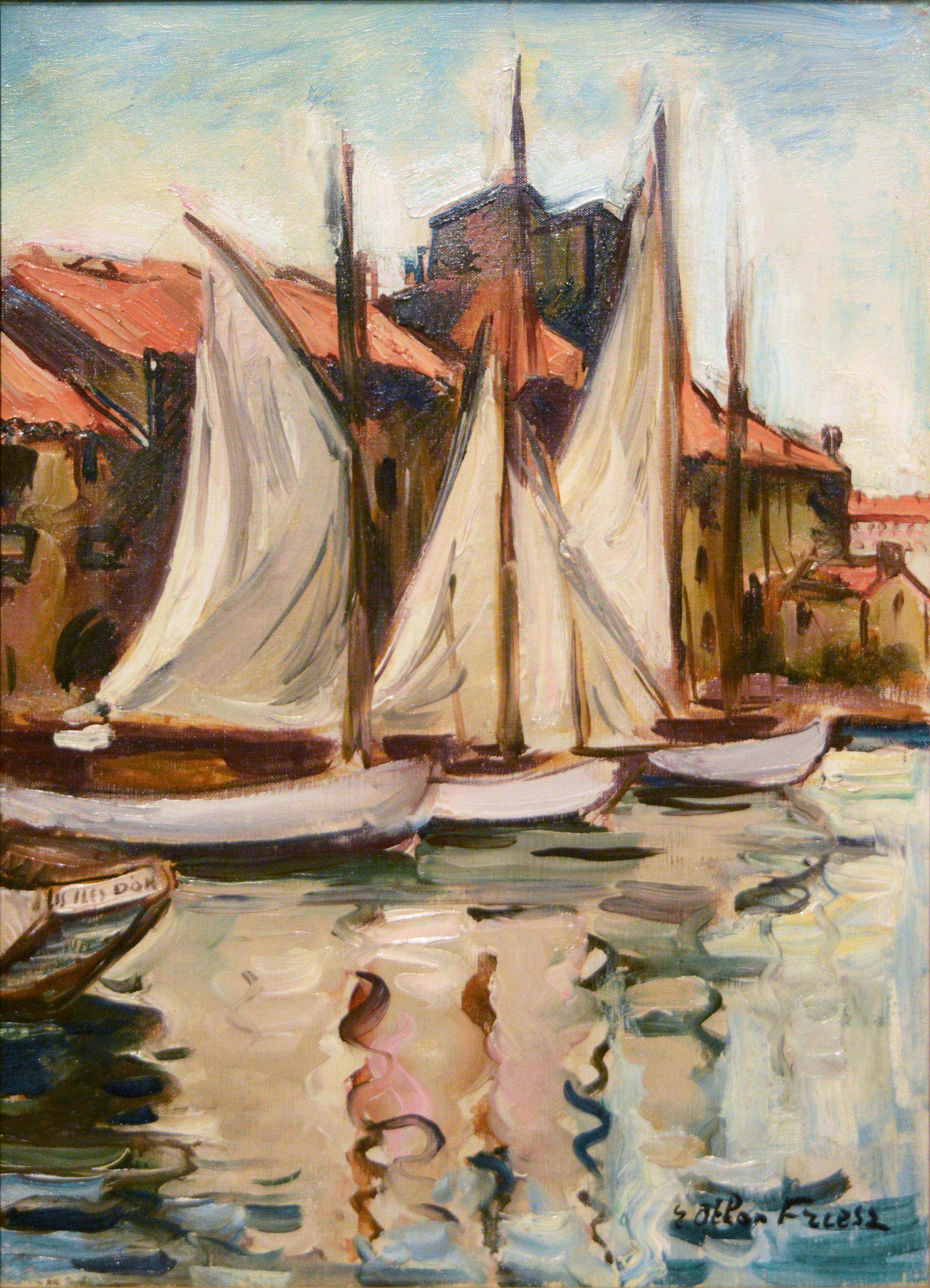 Achille-Émile Othon Friesz Landscape Painting - Fauv Impressionist harbor scene, "Sailboats at the Quai du Parti, Toulon"