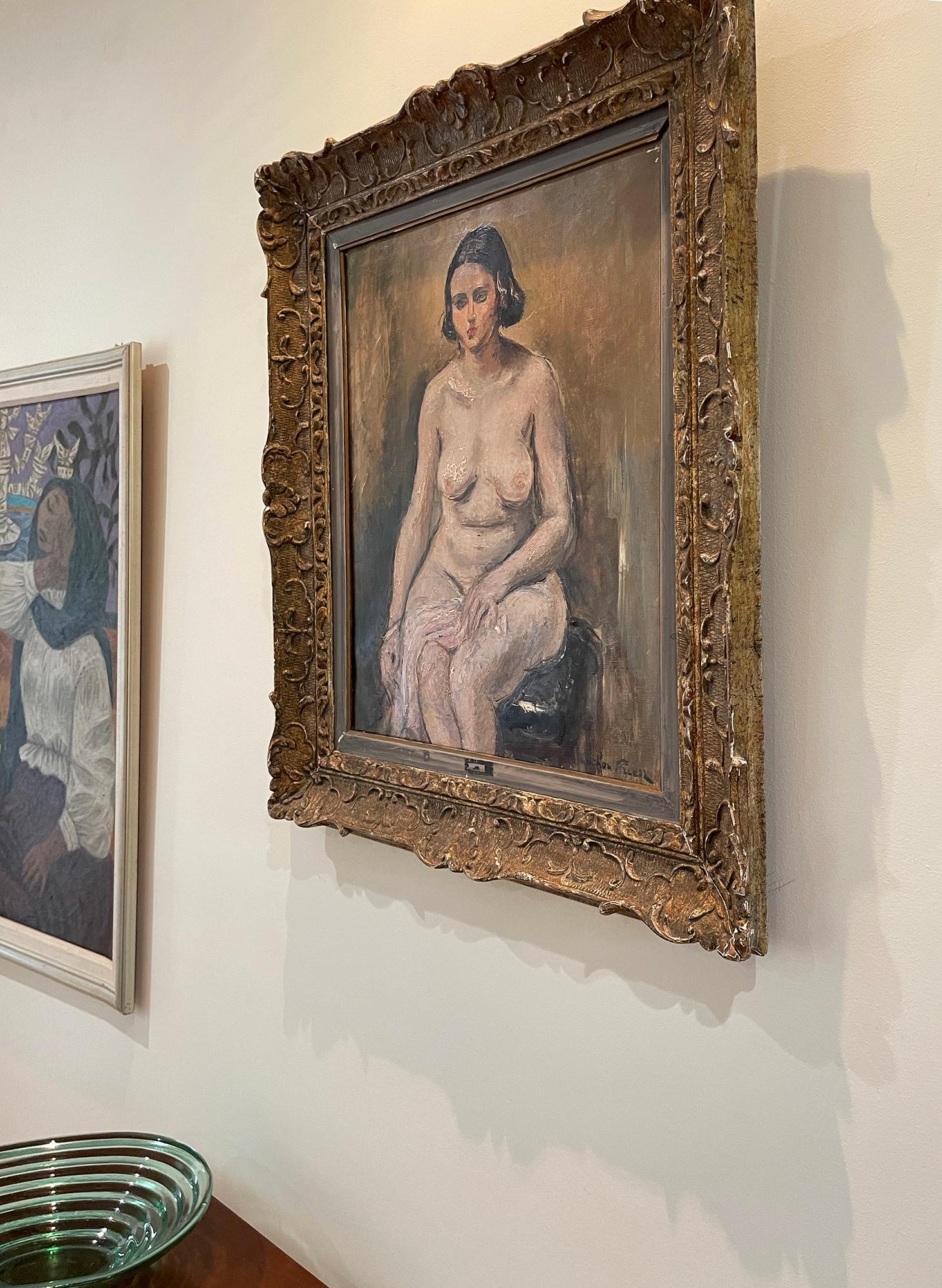 In a formal setting, Othon Friesz presents an introspective sitting nude with eyes glancing to the side .  It's rendered in a loose post-impressionist style with soft earthy browns, ochres, and warm grays that reveal the quiet nature of the subject.