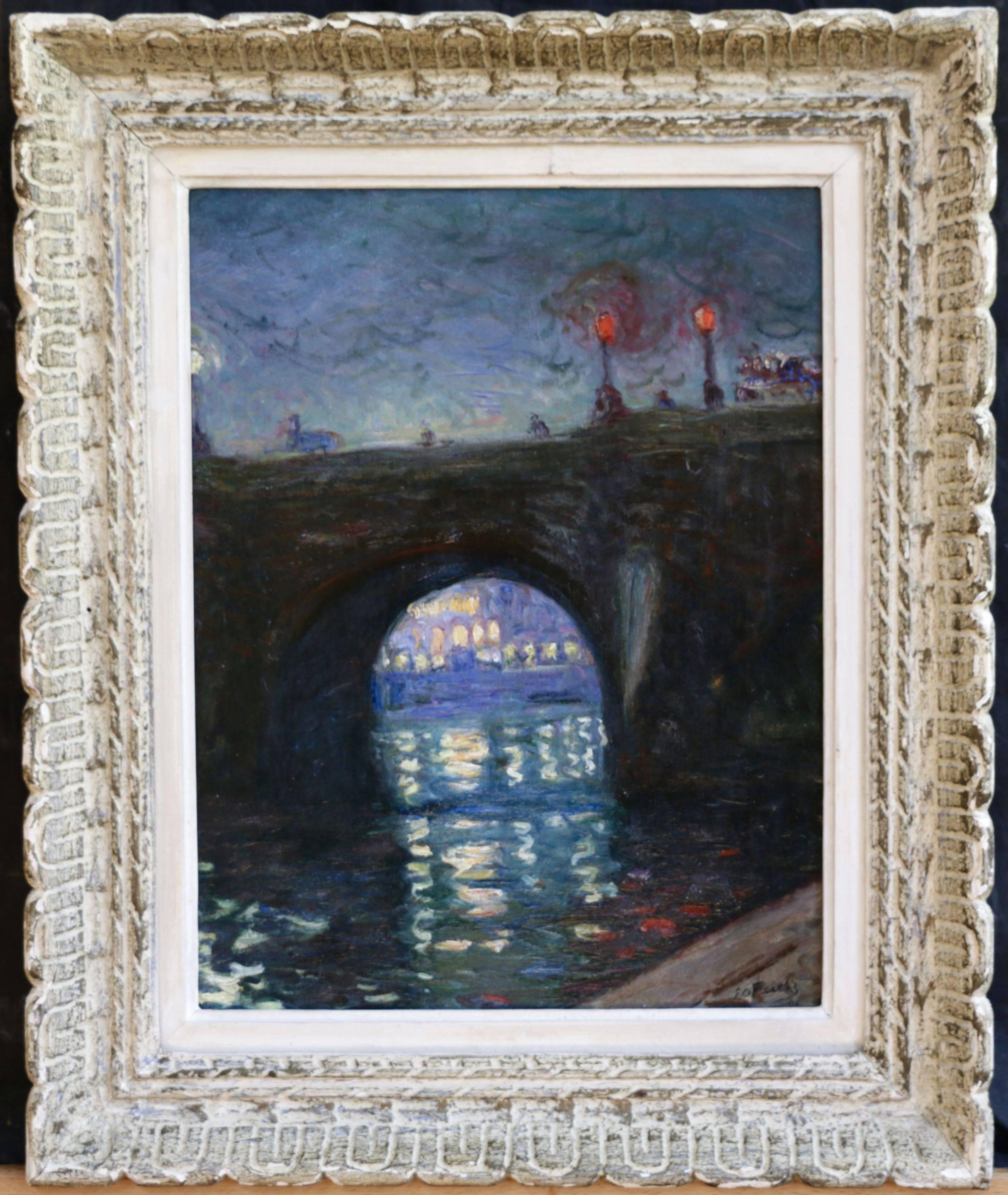 Pont Neuf - Soirée - Huile du 19e siècle, paysage fluvial de nuit par A E Othon Friesz - Painting de Achille-Émile Othon Friesz