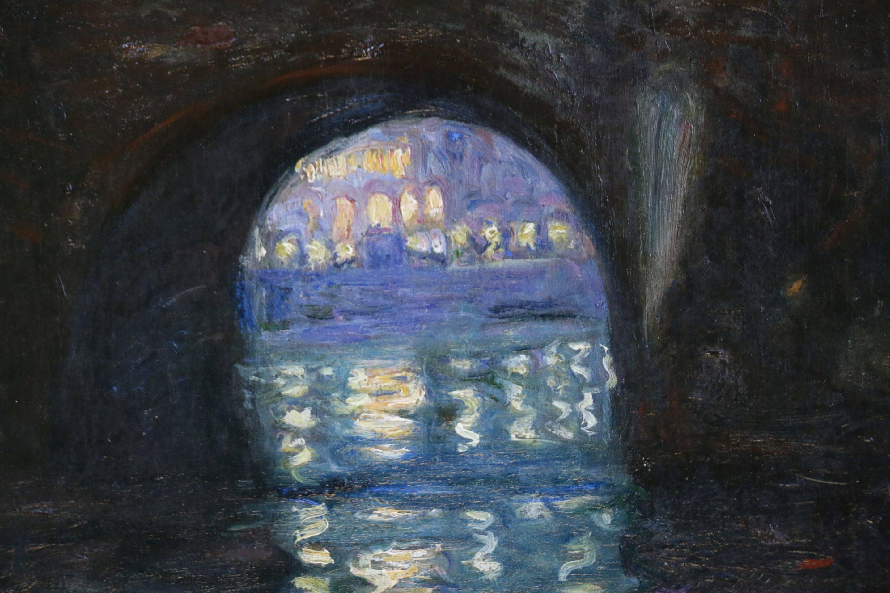 Pont Neuf - Soirée - Huile du 19e siècle, paysage fluvial de nuit par A E Othon Friesz - Noir Landscape Painting par Achille-Émile Othon Friesz