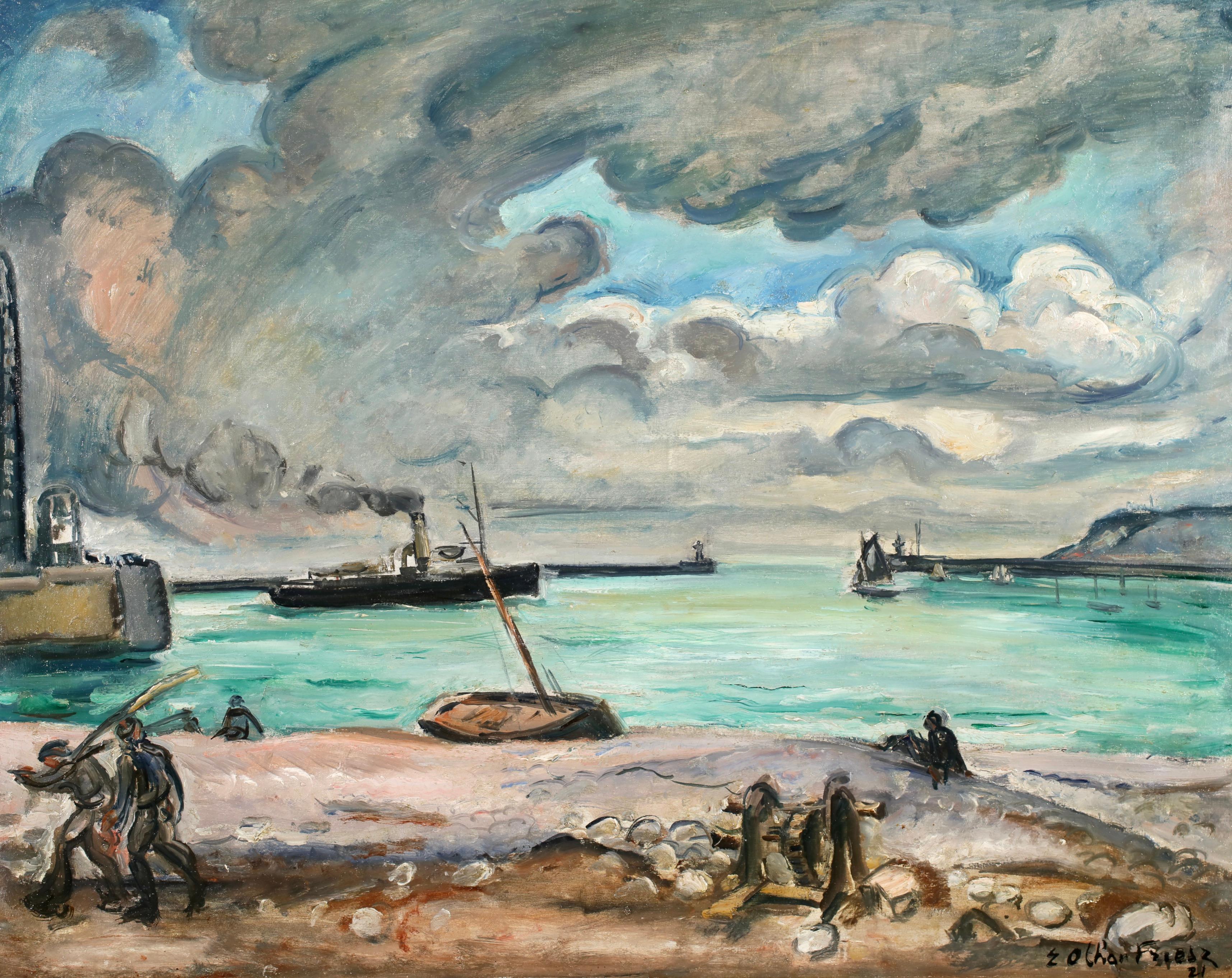 Port of Le Havre & Sainte-Adrese- Post Impressionist Seascape Oil - Othon Friesz - Painting by Achille-Émile Othon Friesz