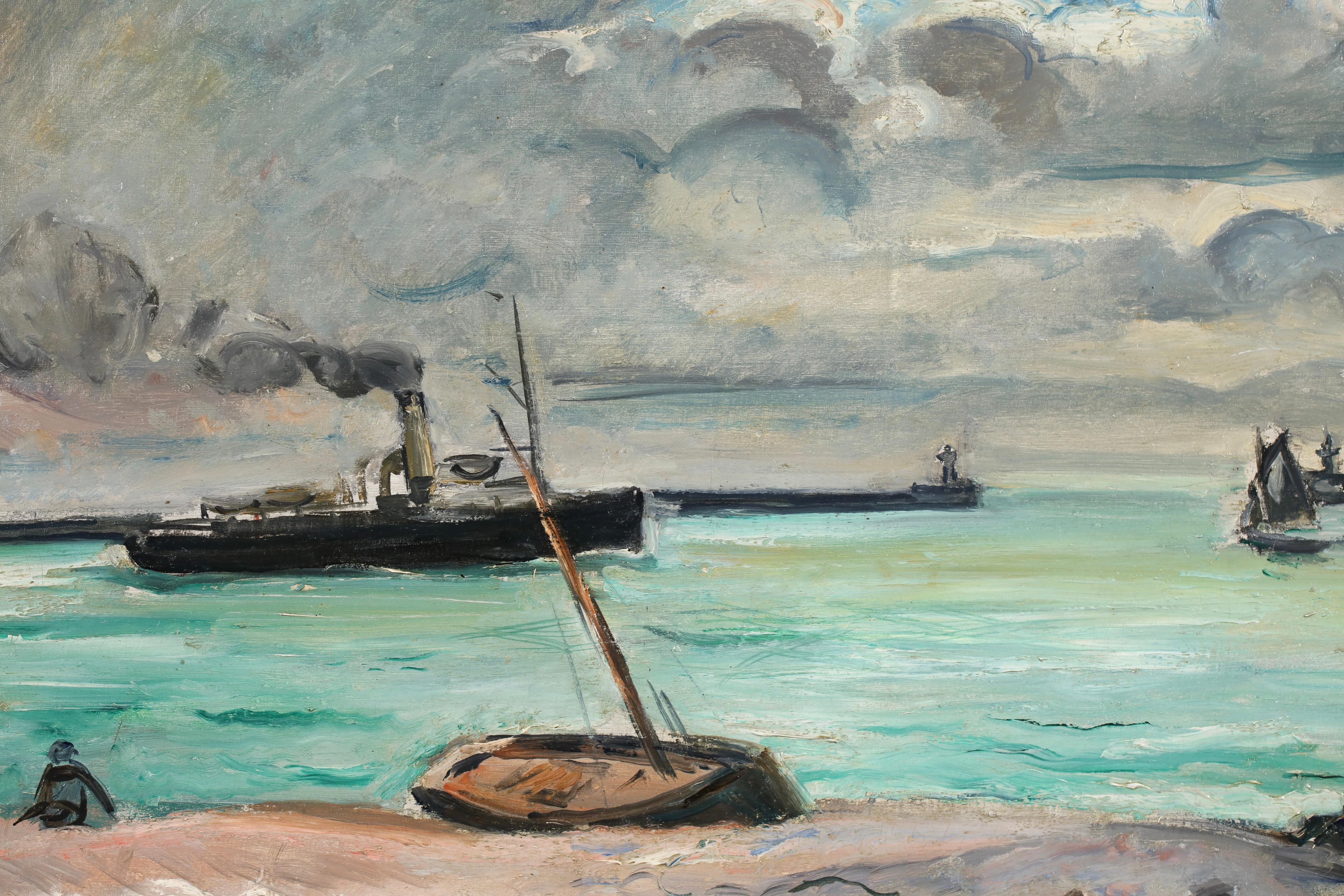 Signed and dated oil on canvas seascape by French post impressionist painter Achille-Emile Othon Friesz. The piece depicts a view of Le Havre, a port city in Normandy, France, located at the mouth of the Seine River on a stormy day. Sainte-Adresse