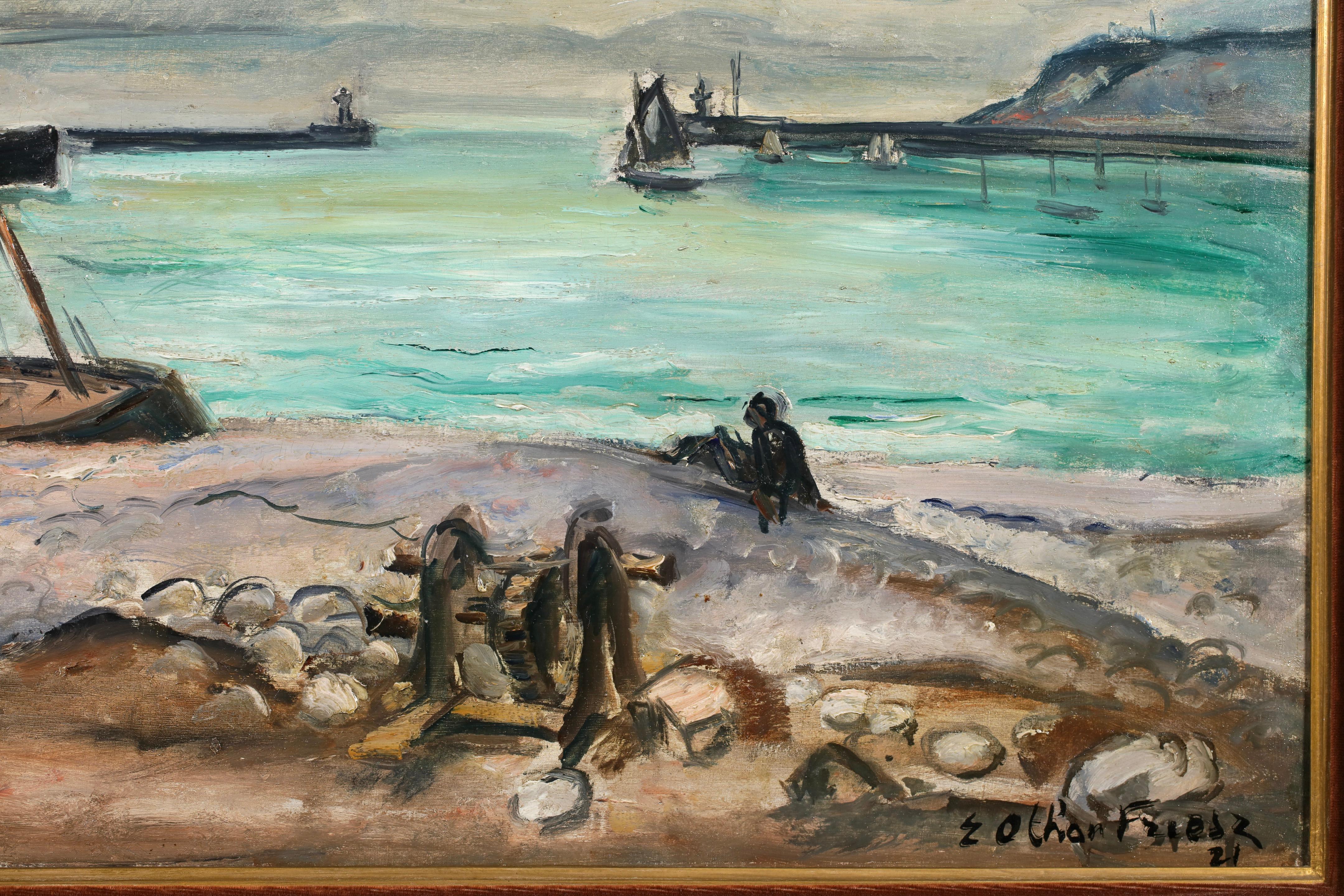Port of Le Havre & Sainte-Adrese- Post Impressionist Seascape Oil - Othon Friesz For Sale 3