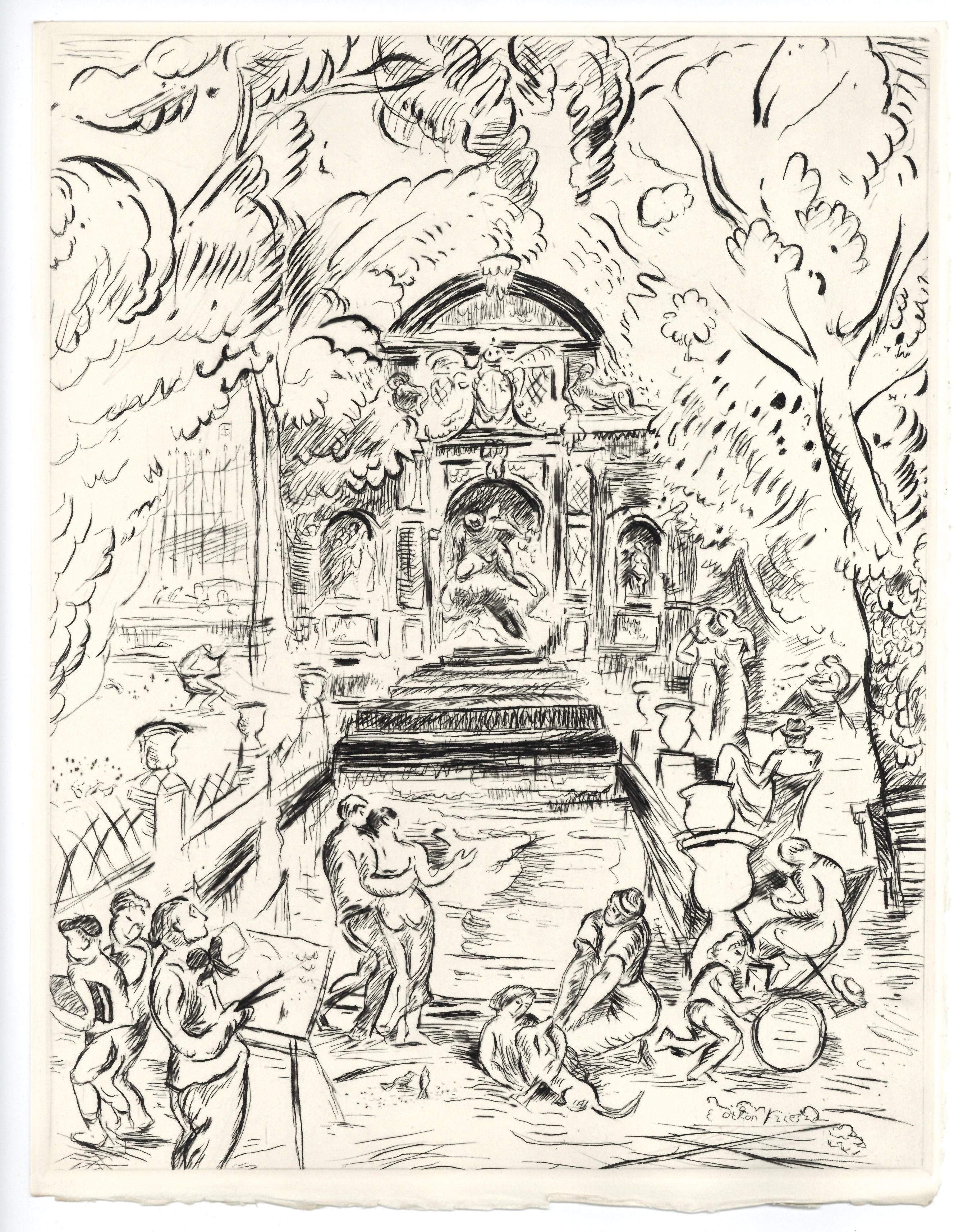 "Fuente de los Médicis, Jardines de Luxemburgo, París" aguafuerte original - Print de Achille-Émile Othon Friesz