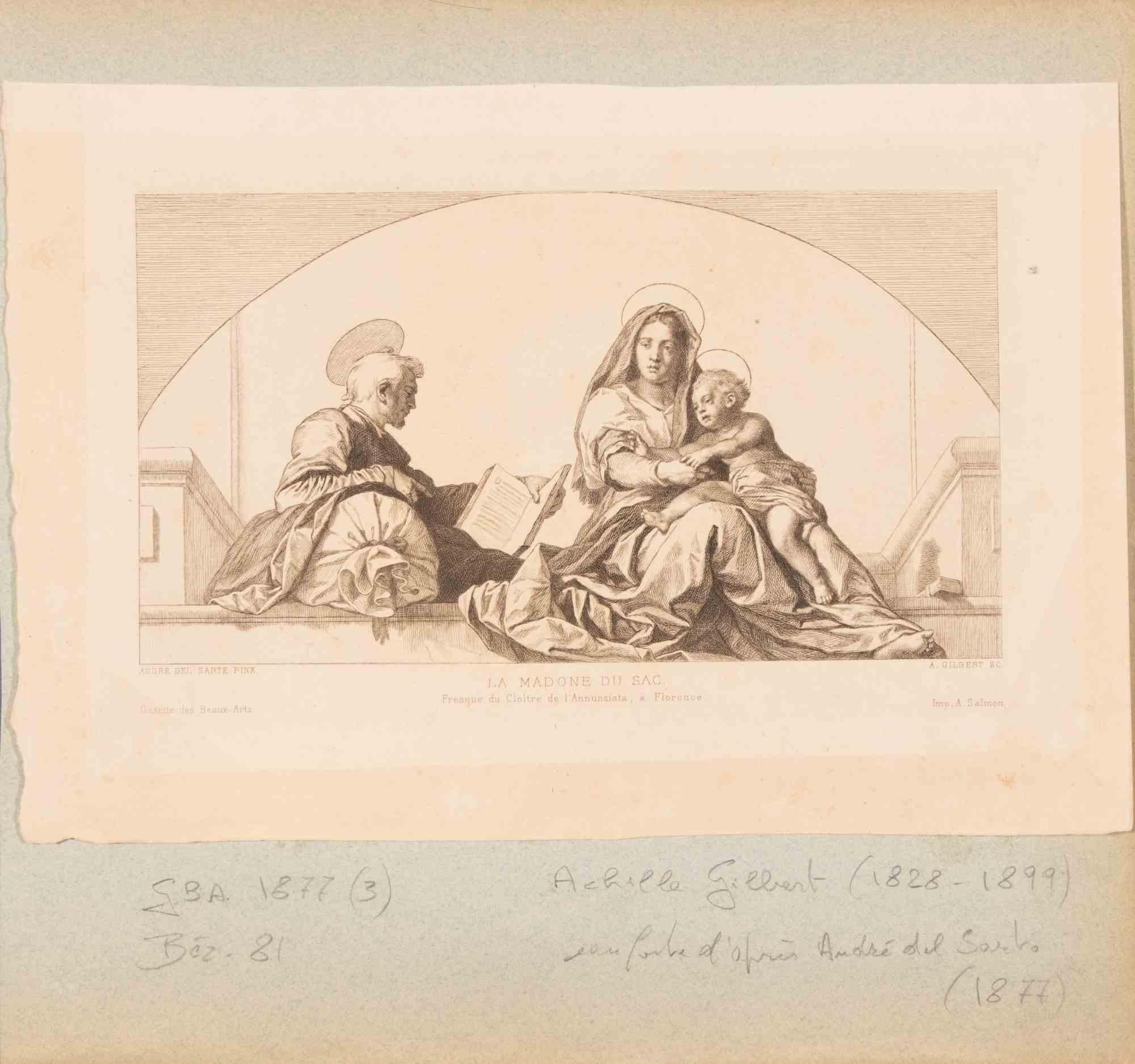 La Madone du Sac - Etching by Achille Gilbert - Mid-19th Century