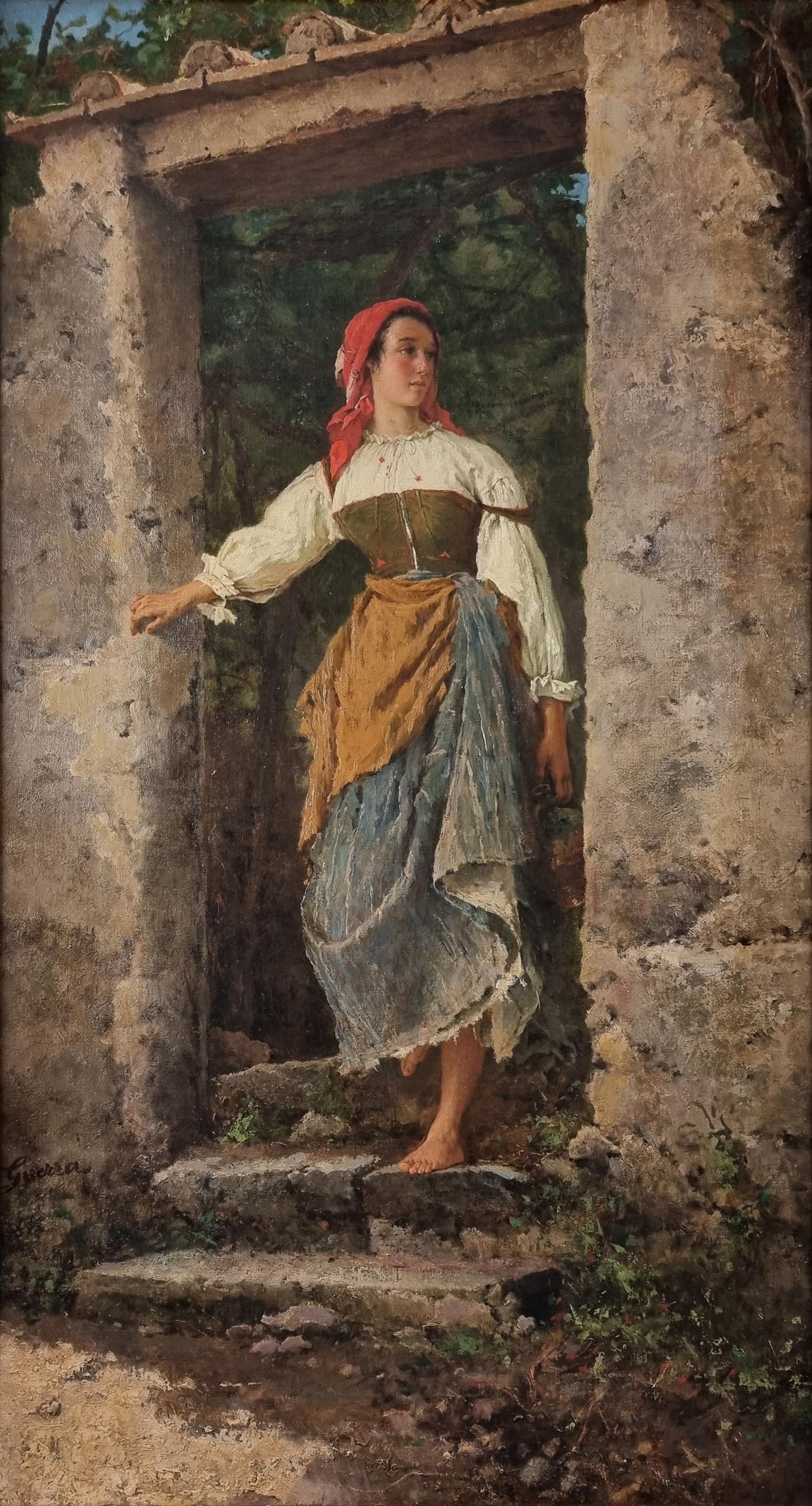 Traditional Italian portrait of a woman in the country, Naples Italy - Painting by Achille Guerra