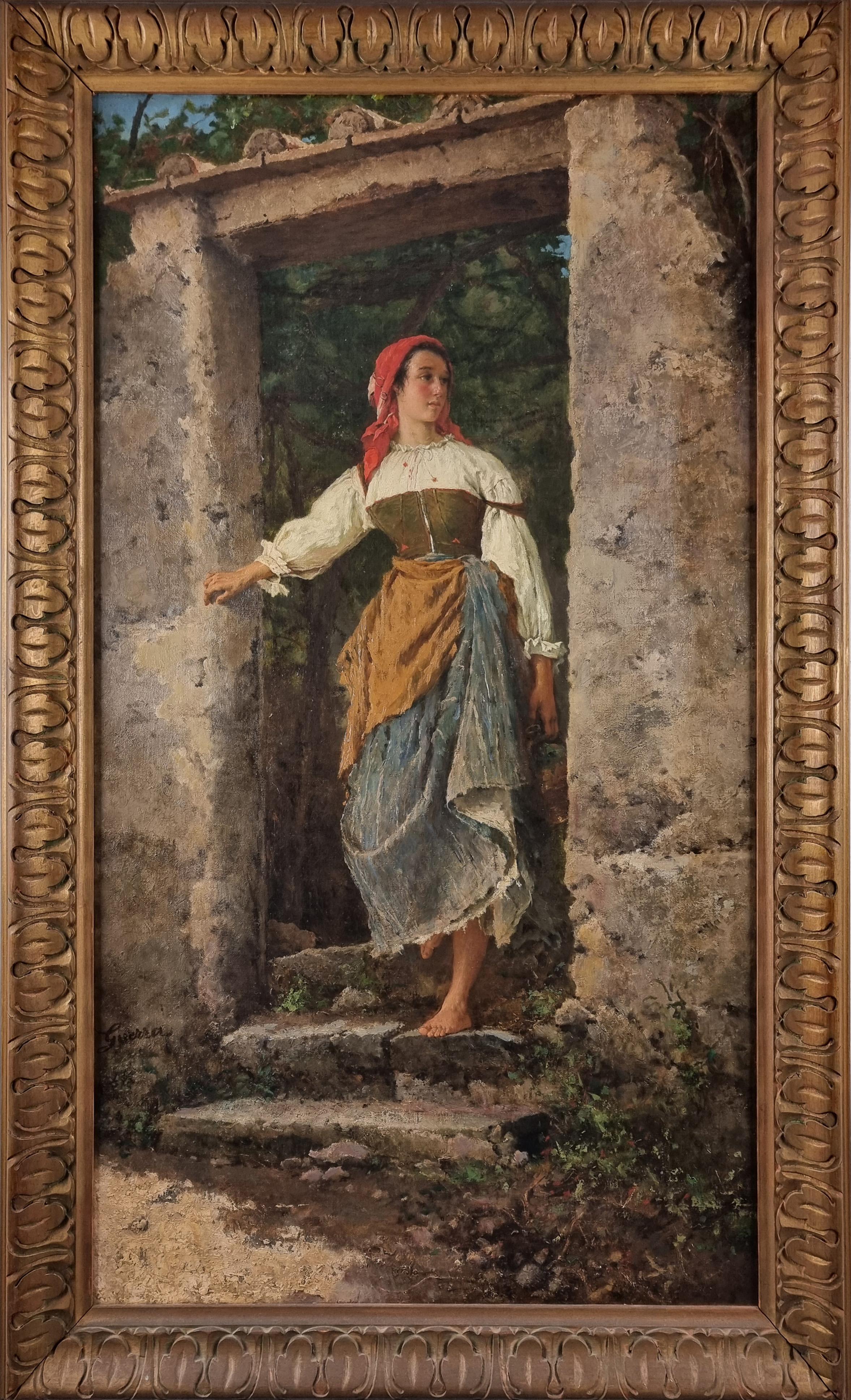 Figurative Painting di Achille Guerra - Ritratto tradizionale italiano di una donna in campagna, Napoli Italia
