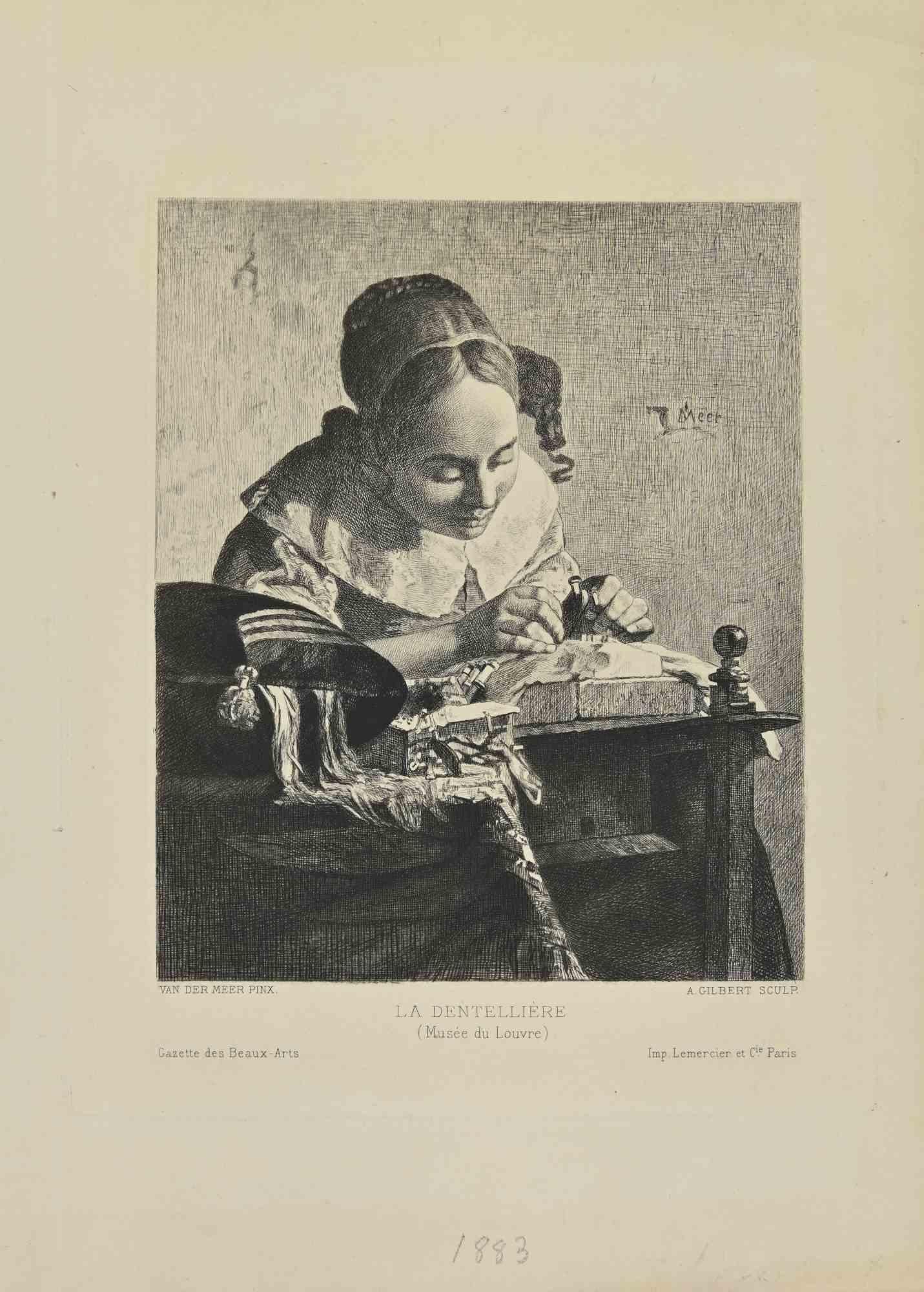 La Dentellière after Johannes Vermeer’s (1632–1675) painting “The Lacemaker” (1669–71) realized by Achille Isidore Gilbert (1828–1899) in 1883.

Etching with drypoint on laid paper with full margins

” aka “The Lacemaker”; “De Kantwerkster”; “La