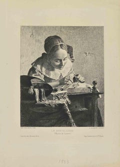 La Dentellière after Vermeer - Etching by Achille Isidore Gilbert - 1883