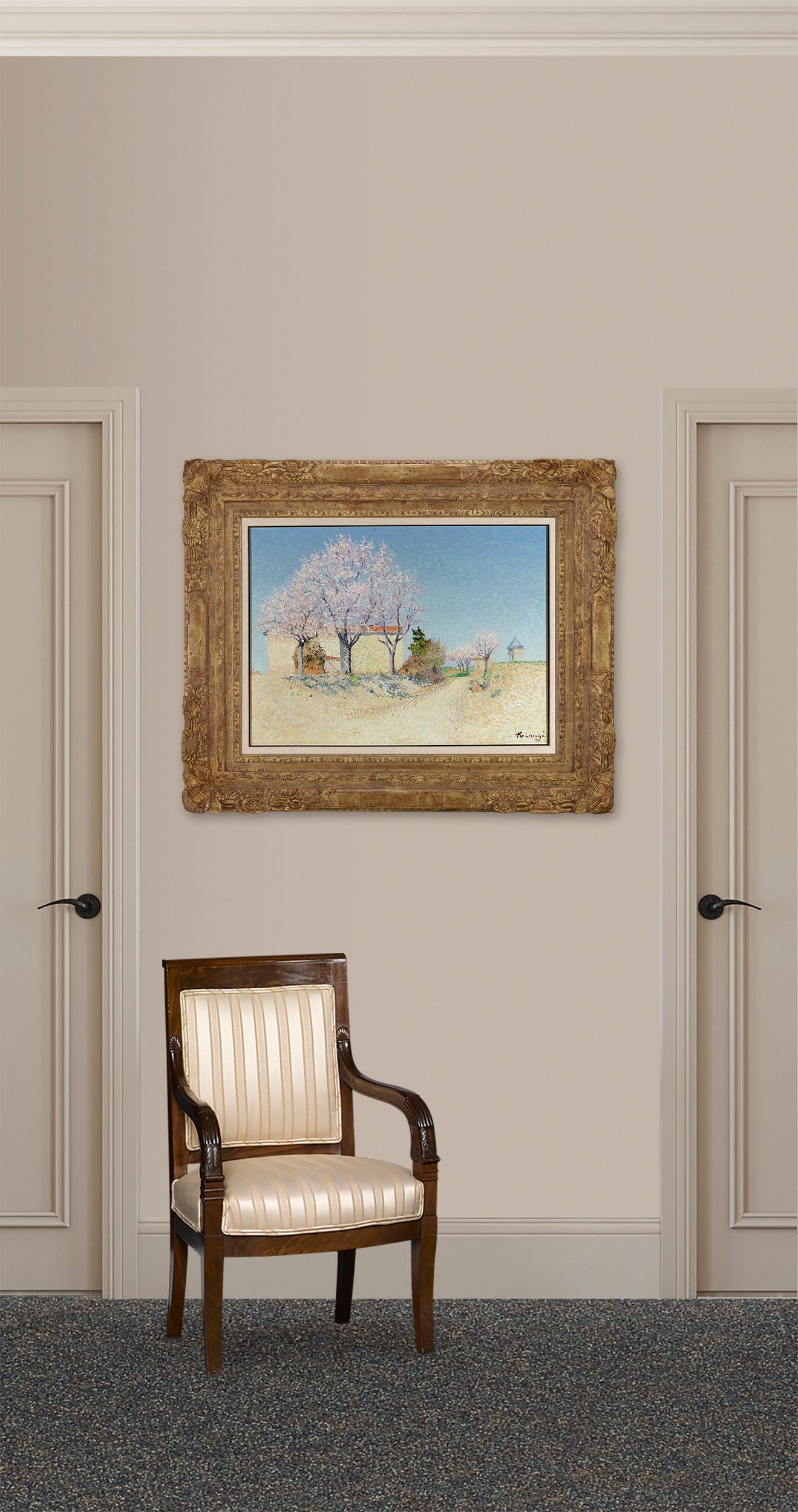 Ce paysage néo-impressionniste de l'artiste français Achille Laugé représente un verger à la fin du printemps dans son célèbre style très moderne. L'œuvre présente un empâtement épais grâce à la technique distinctive de l'artiste qui consiste à