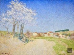 Belveze du Razes - Huile pointilliste néo-impressionniste, paysage d'Achille Lauge